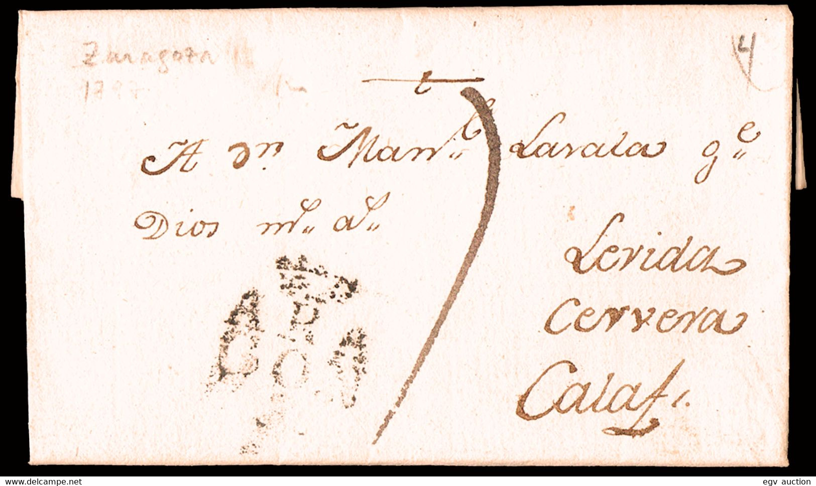 Zaragoza - Prefilatelia - PE 14N - 1797 - Carta Circulada A Calaf + Porteo "7" - ...-1850 Prefilatelia