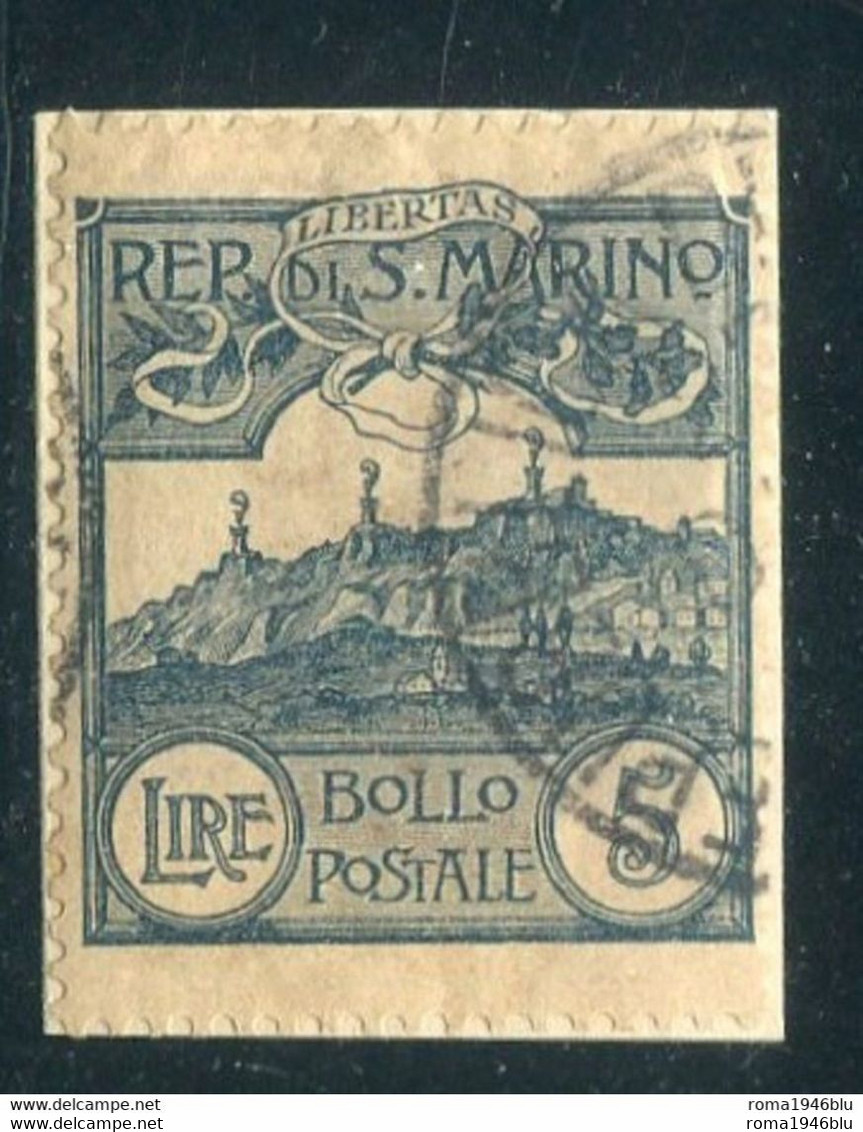 SAN MARINO 1903 CIFRA O VEDUTE  5 LIRE ARDESIA USATO SU FRAMMENTO - Usati