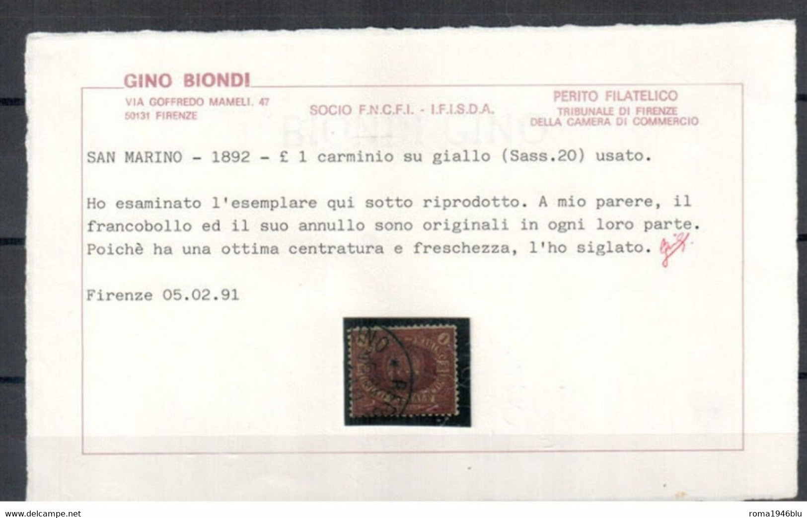 SAN MARINO 1892 1 L. ROSSA USATA OTTIMA CENTRATURA CERT. BIONDI - Used Stamps