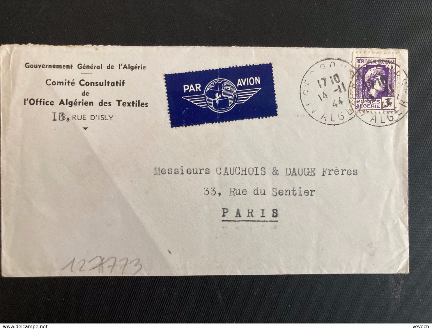 LETTRE Par Avion Pour La FRANCE TP MARIANNE D'ALGER 3F OBL.14-11 44 ALGER BOURSE + COMITE CONSULTATIF DE L'OFFICE ALGERI - 1944 Coq Et Marianne D'Alger