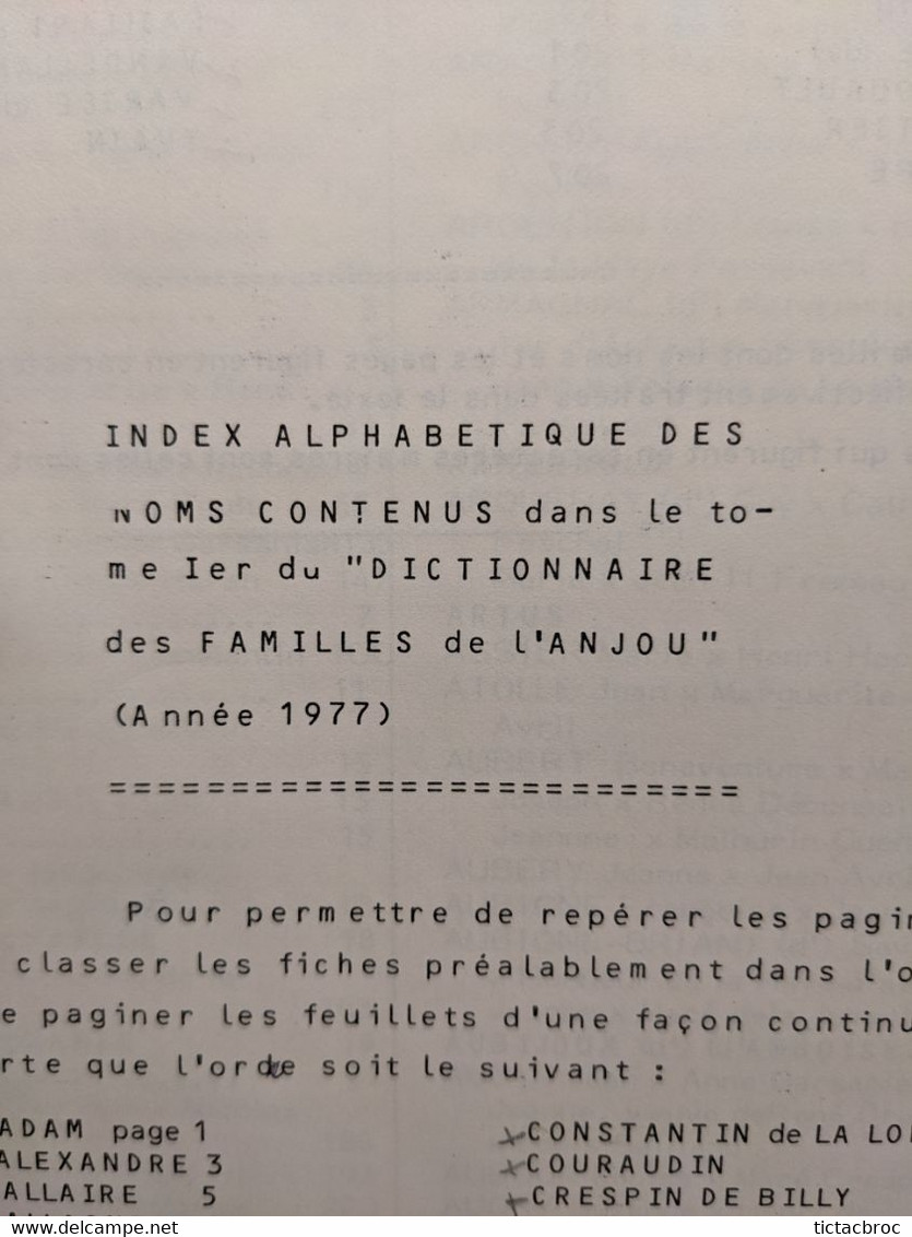 Dictionnaire Des Familles De L'Anjou De L'association Généalogique Et Archéologique De L'Anjou Généalogie 1977 - Dictionnaires