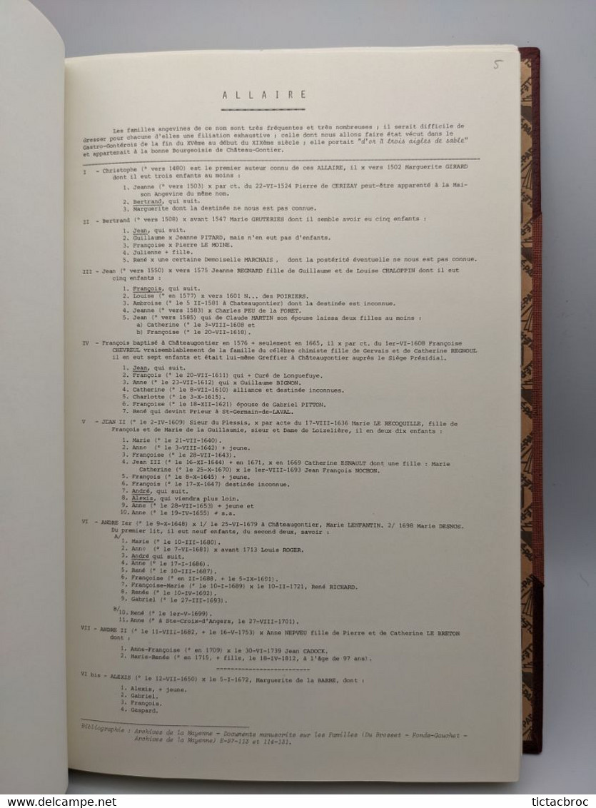 Dictionnaire des familles de l'Anjou de l'association généalogique et archéologique de l'Anjou généalogie 1977