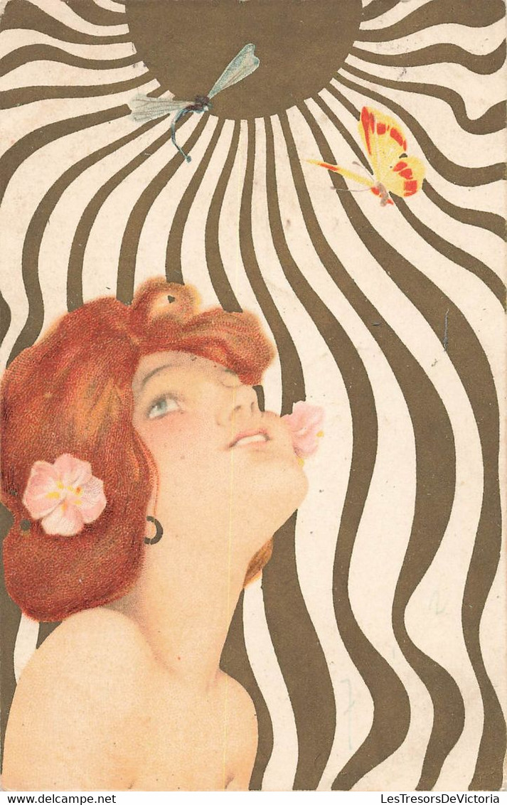 CPA illustrateur Raphael Kirchner - femme au soleil - art nouveau - papillon et libellule - circulé en 1902