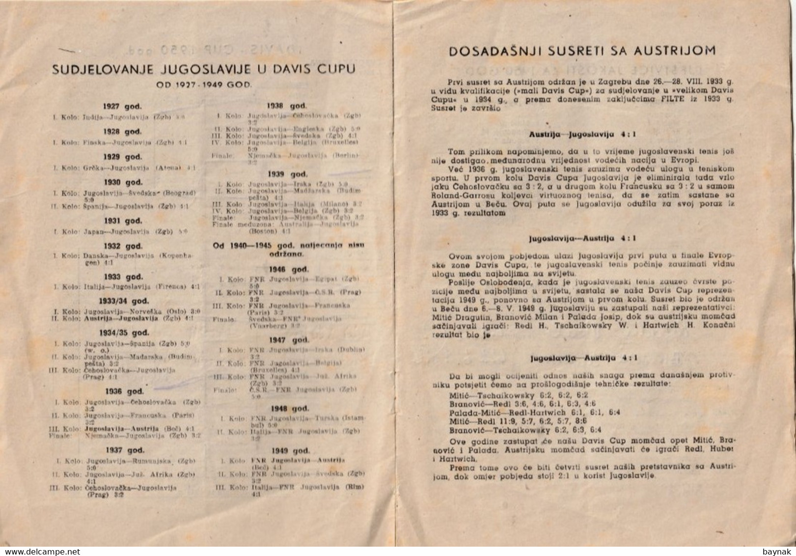 CROATIA,  ZAGREB, SALATA  --  TENNIS  --  DAVIS CUP -   AUSTRIA Vs YUGOSLAVIA    5. - 7. V. 1950  --  PALADA, MITIC, BRA - Livres