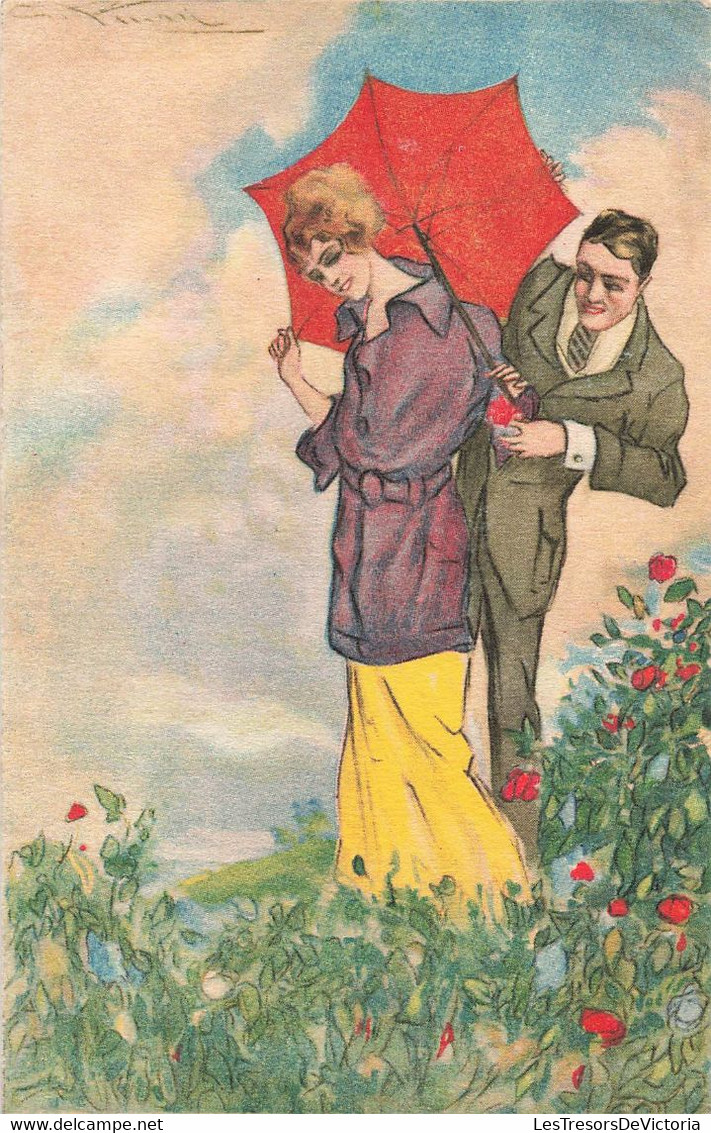CPA Illustrateur  - Carte Italienne - Couple Dans Un Pré Fleuri Avec Parapluie Rouge - Serie N.1190 - A D M - Otros & Sin Clasificación