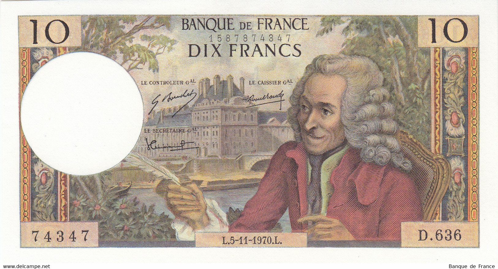 Billet 10 F Voltaire Du 5-11-1970 FAY 62.47 Alph. D.636 - SPL - 10 F 1963-1973 ''Voltaire''