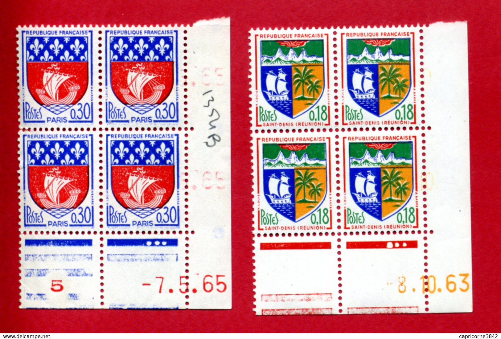Blason De St Denis De La Réunion N°1354A Et Blason De Paris N° 1354B - Coins Datés - 3 Points De Repère Cylindre - 1960-1969