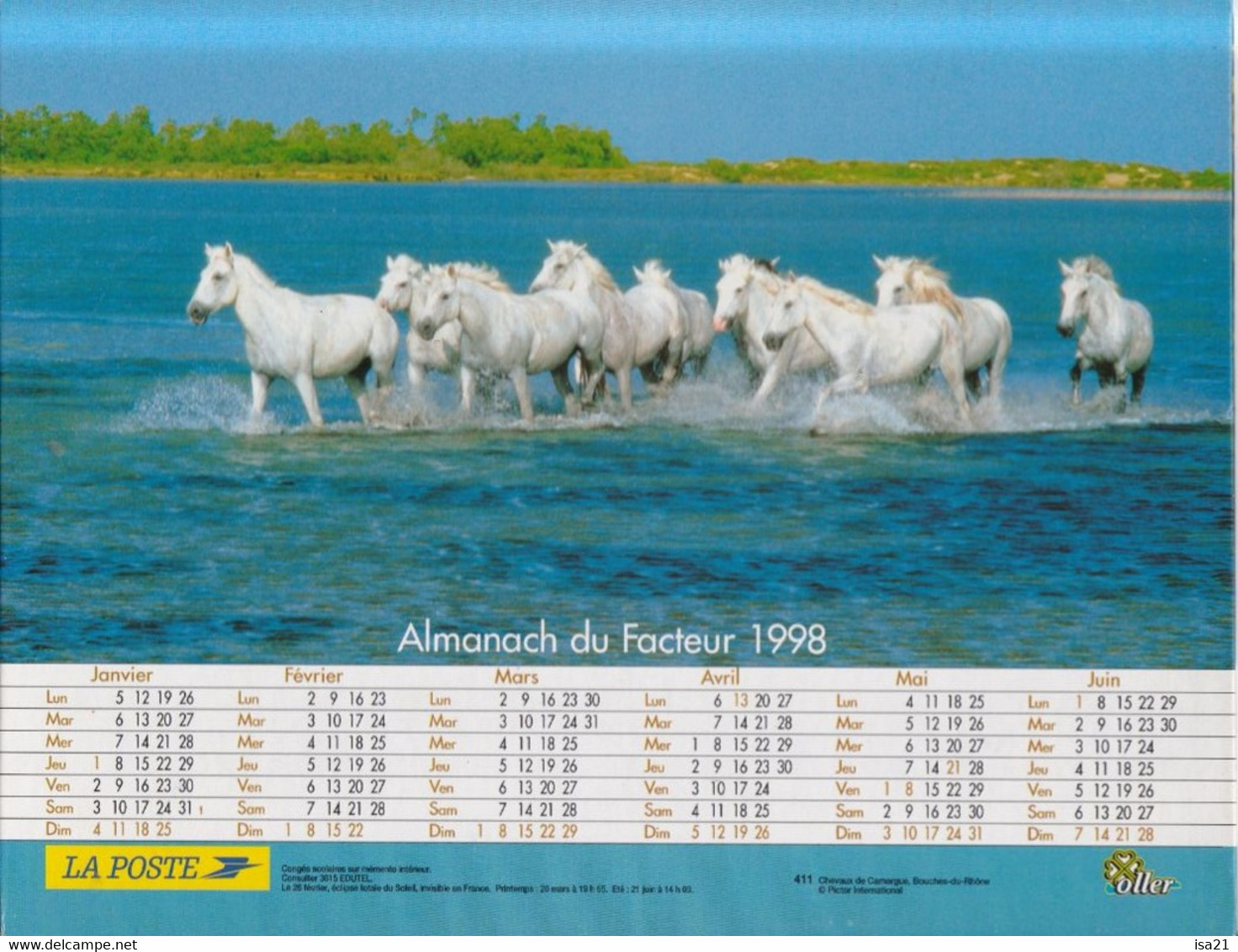 Almanach Du Facteur, Calendrier De La Poste,1998, HAUTE SAONE, Chevaux En Liberté - Grand Format : 2001-...