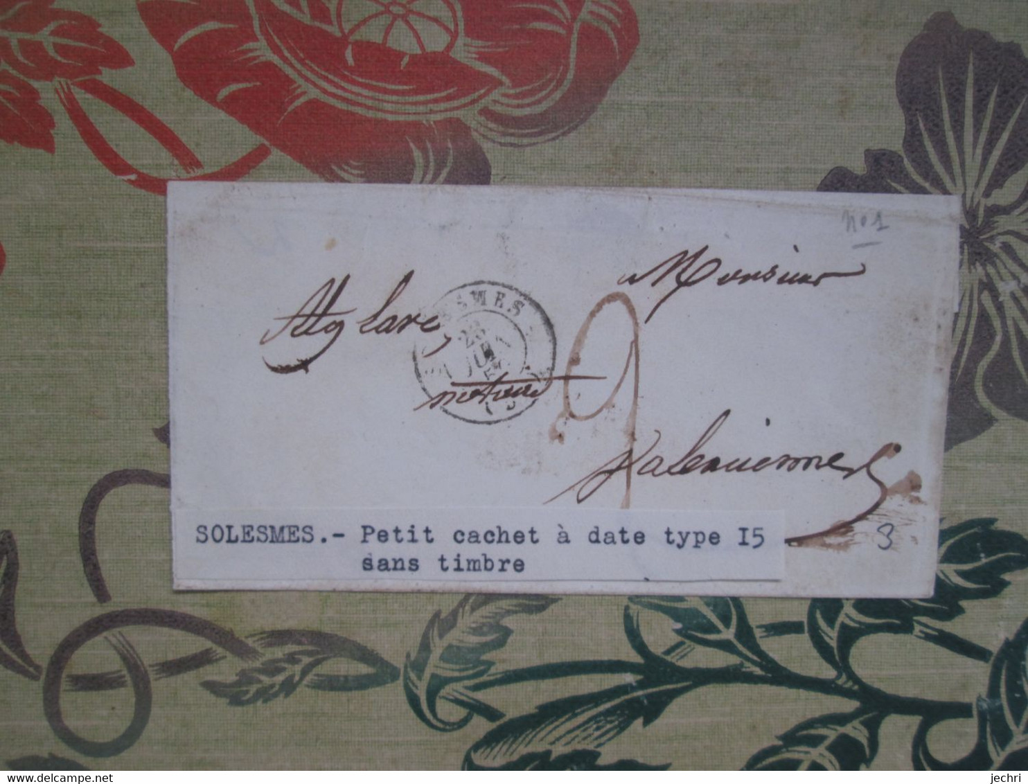 Solesmes Petit Cachet A Date Type 15 Sans Timbre - Ohne Zuordnung