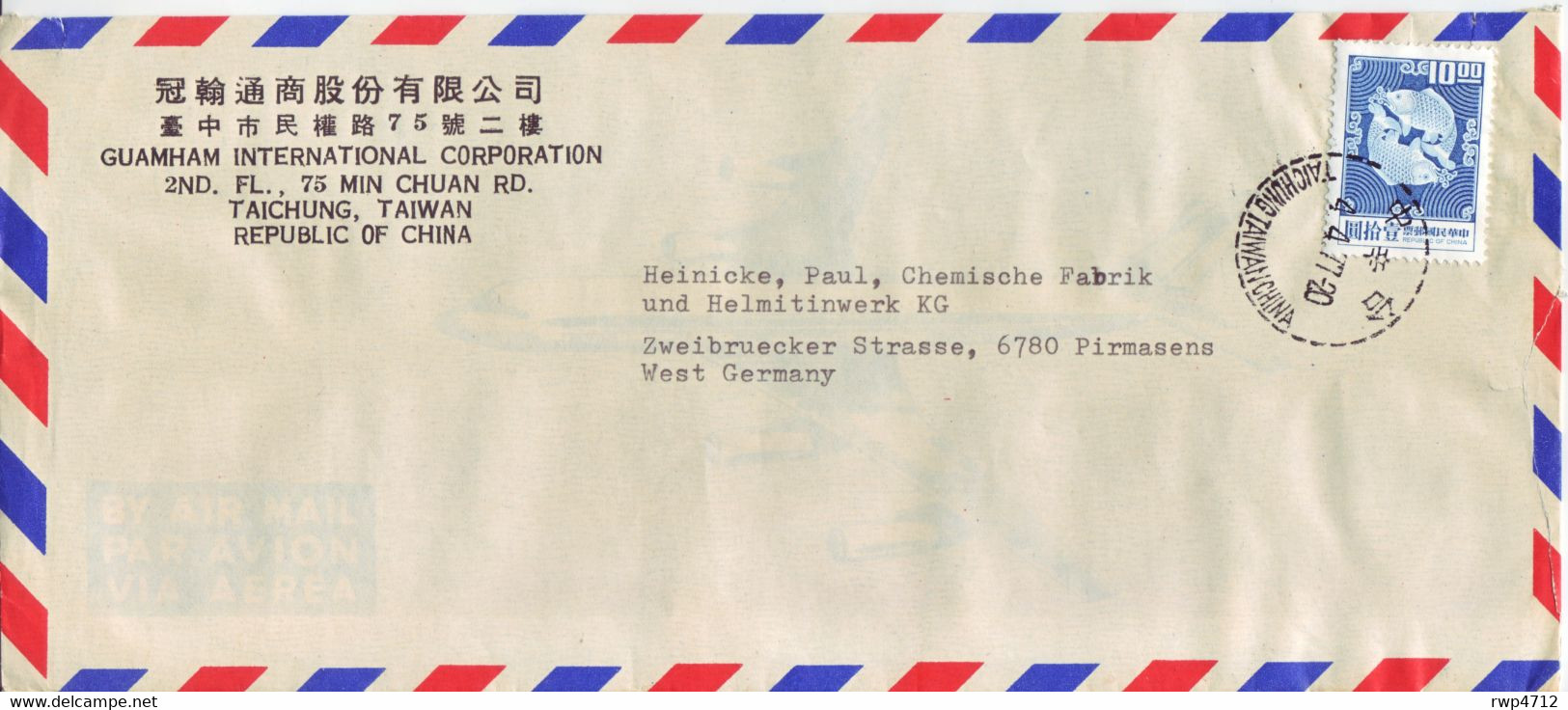 CHINA-TAIWAN  Luftpostbrief  Airmail Cover Lettre 1977 Taichung To Germany - Covers & Documents