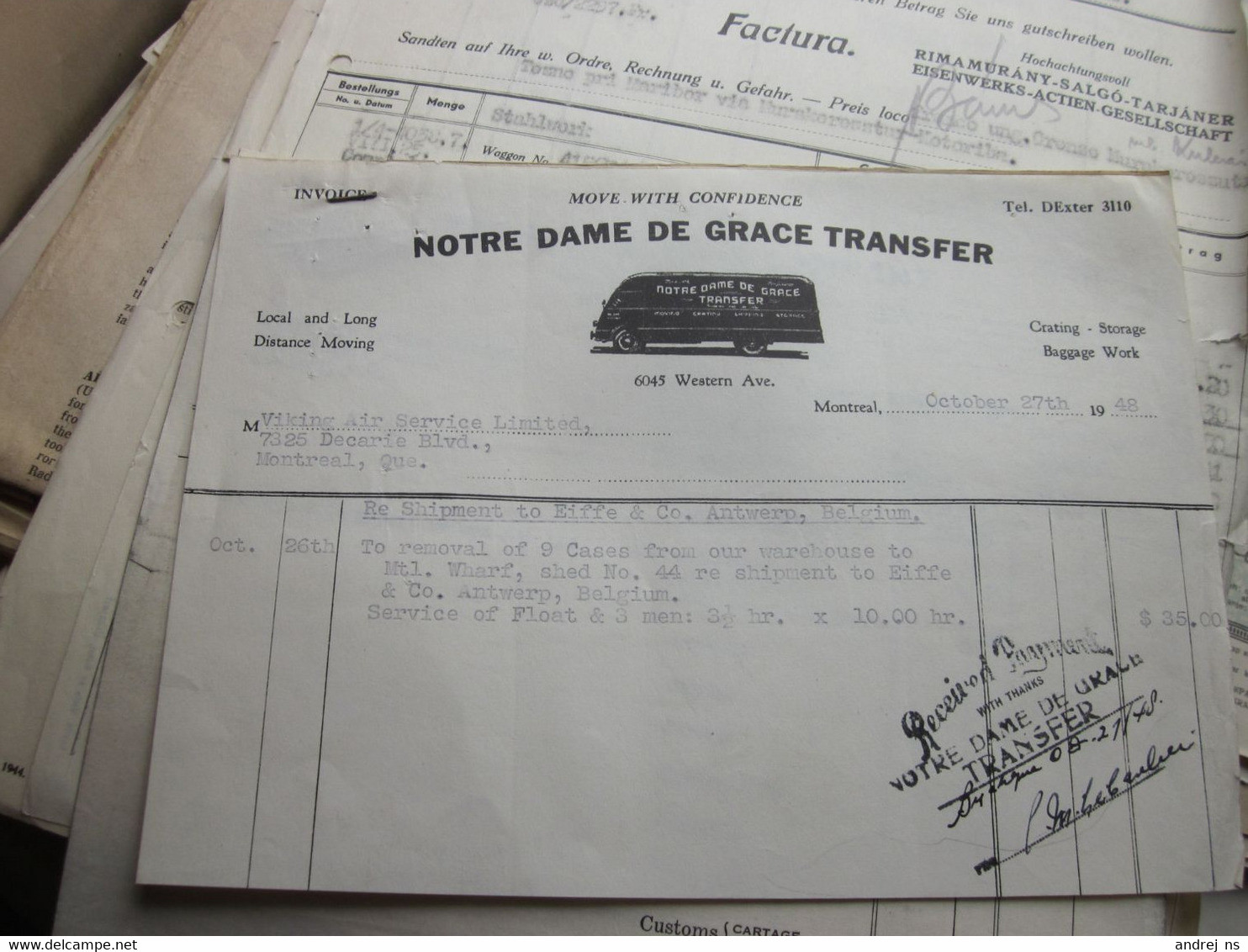Montreal Notre Dame De Grace Transfer Invoice The A W W Kyle Company - Kanada