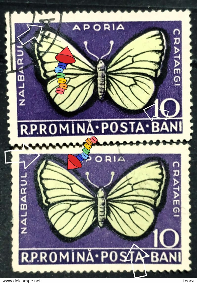 Errors Romanua 1956 MI 1586 Printes With Butterfly Wings Displaced From The Frame, Butterfly Displaced  In Im Butterfly - Errors, Freaks & Oddities (EFO)