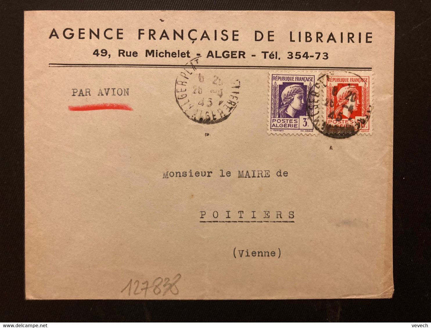 LETTRE Par Avion Pour La FRANCE TP M. D'ALGER 3F + 50c OBL.26-4 45 ALGER PLATEAU + AGENCE FRANCAISE DE LIBRAIRIE - 1944 Hahn Und Marianne D'Alger