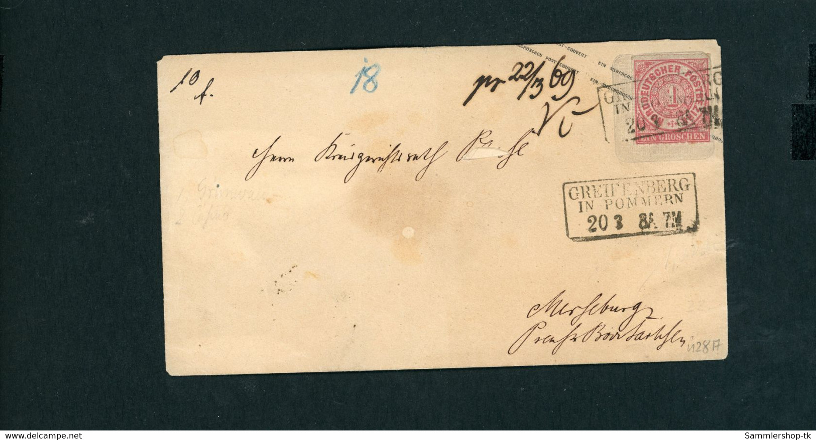 Norddeutscher Bund Ganzsache Michel Nummer U28A - Gelaufen Greifenberg Pommern - Postal  Stationery
