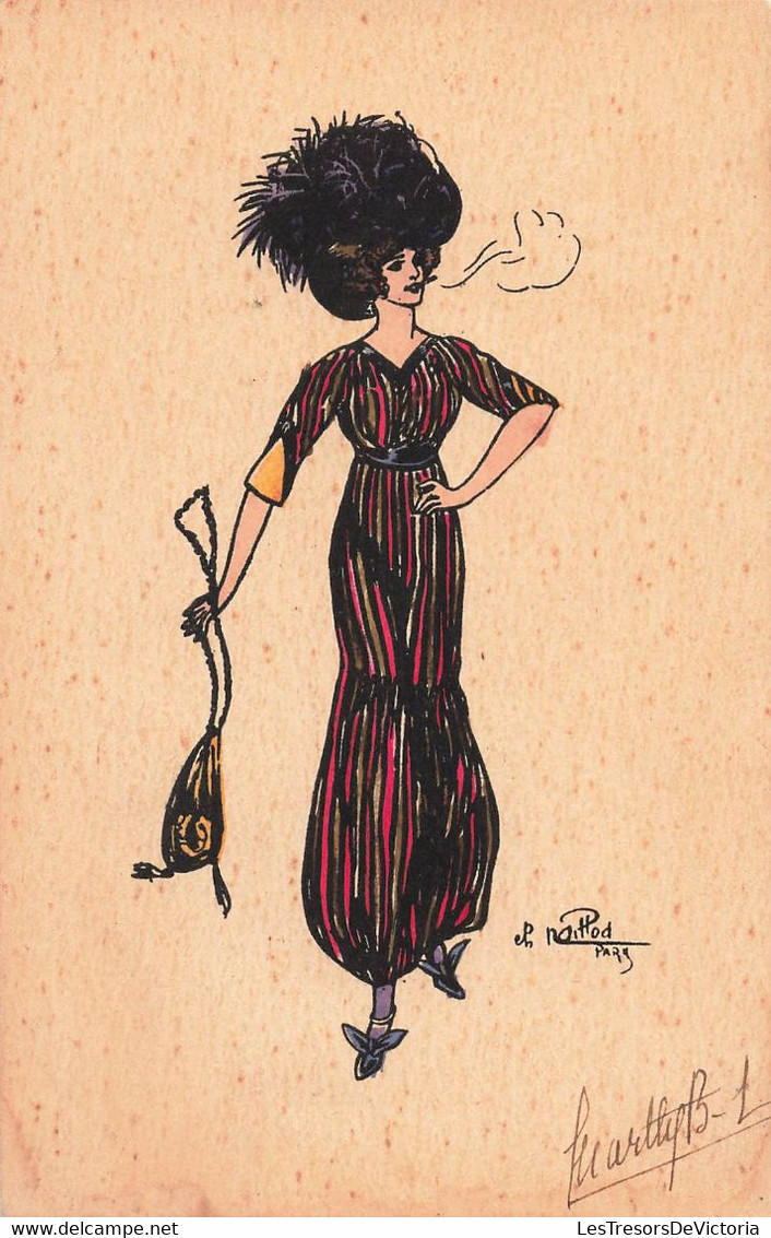 CPA Illustrateur Naillod - Mode - Femme Avec Une Combinaison Rayée Multicolore Fumant Une Cigarette - Naillod