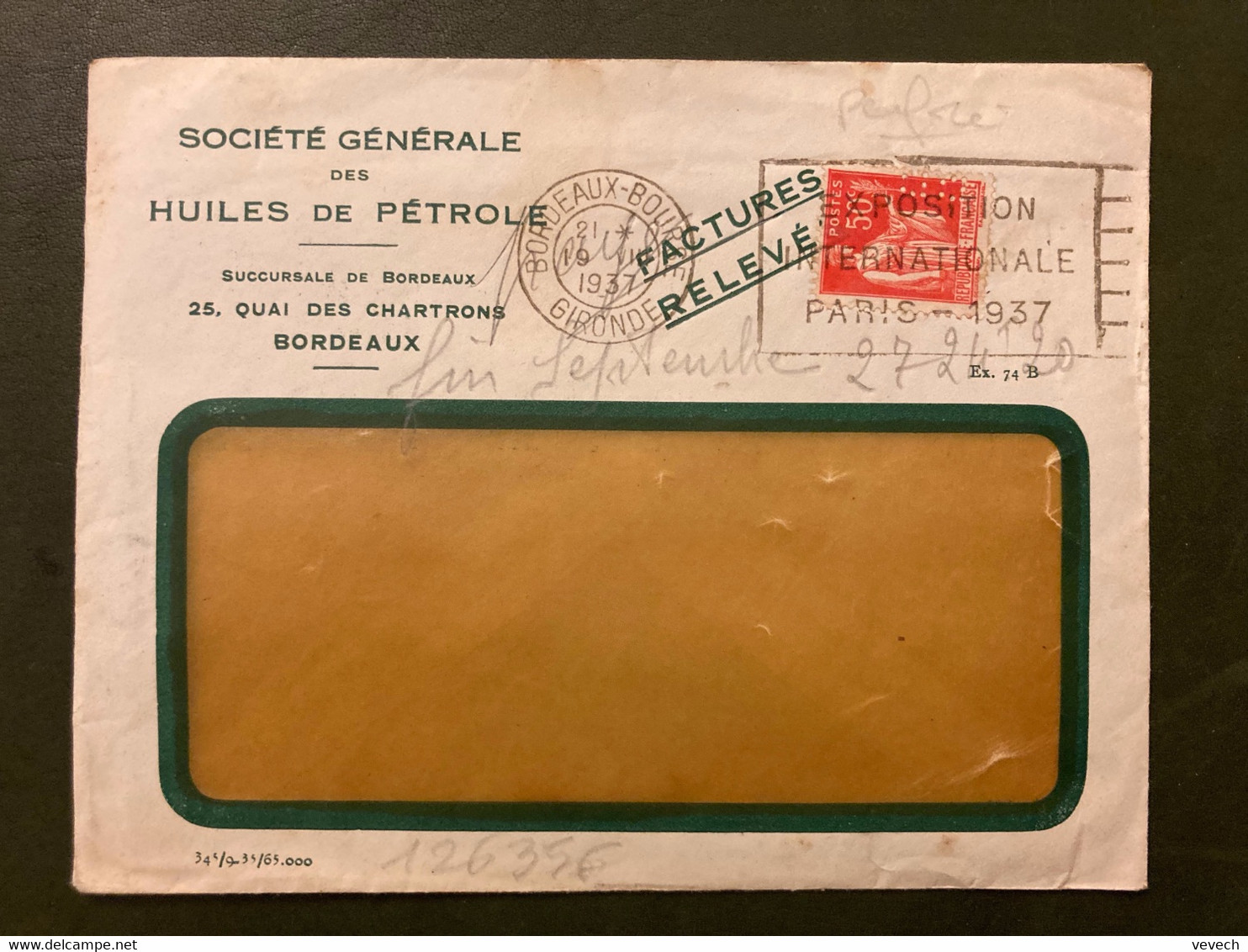 LETTRE TP PAIX 50c Perforé BP OBL.MEC.19 VIII 1937 BORDEAUX BOURSE GIRONDE SOCIETE GENERALE DES HUILES DE PETROLE + 2 FA - Covers & Documents