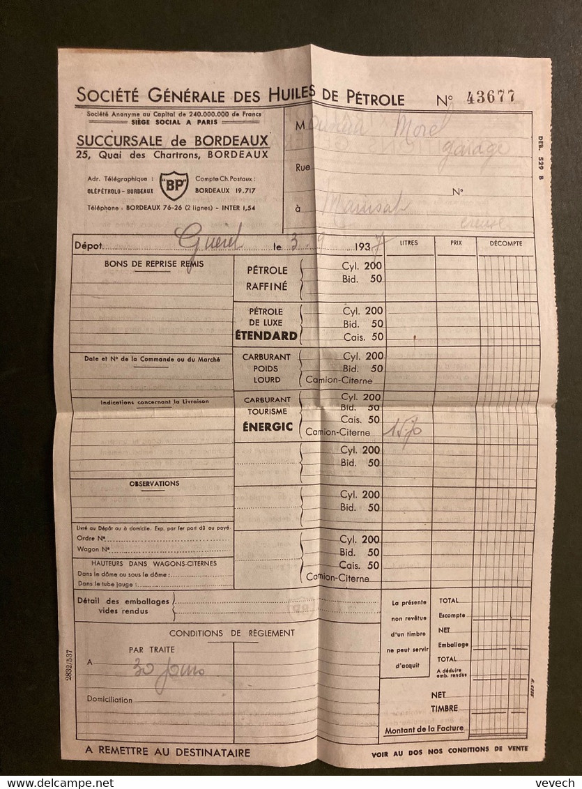 LETTRE TP PAIX 50c Perforé BP OBL.MEC.8 X 1937 BORDEAUX BOURSE GIRONDE SOCIETE GENERALE DES HUILES DE PETROLE + 2 FA - Lettres & Documents