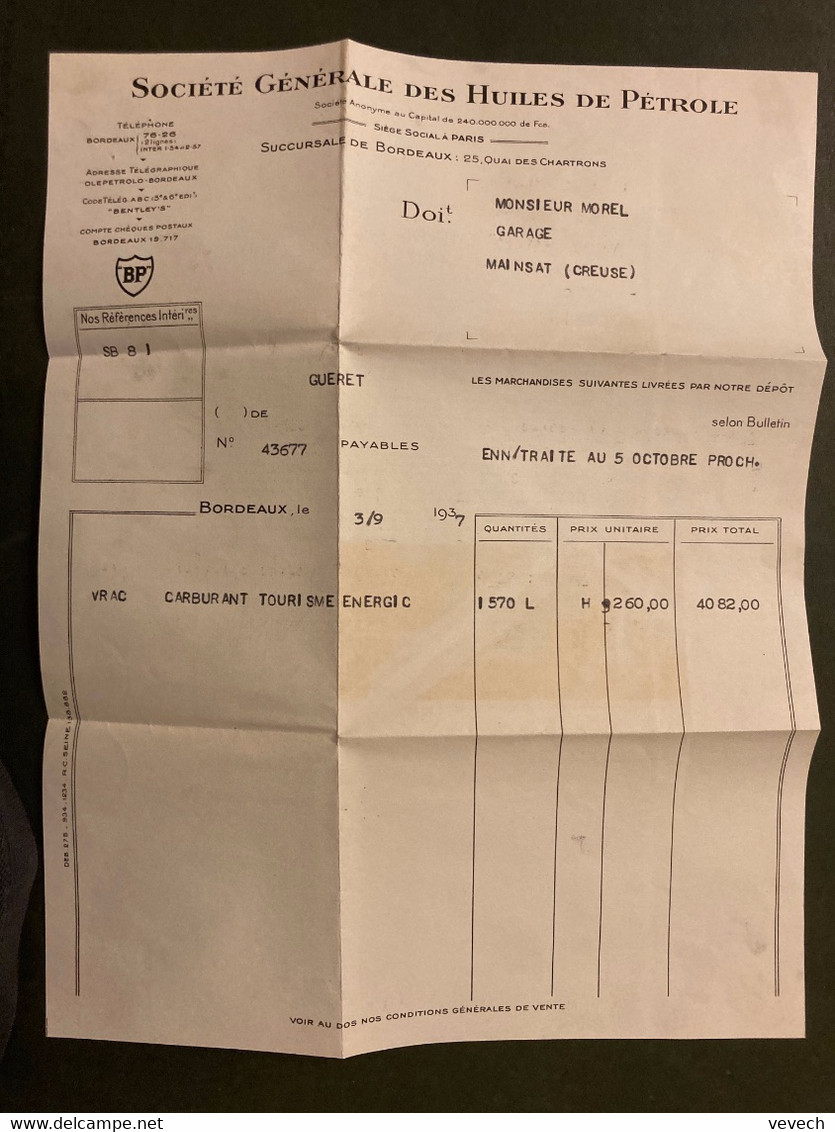 LETTRE TP PAIX 50c Perforé BP OBL.MEC.8 X 1937 BORDEAUX BOURSE GIRONDE SOCIETE GENERALE DES HUILES DE PETROLE + 2 FA - Lettres & Documents