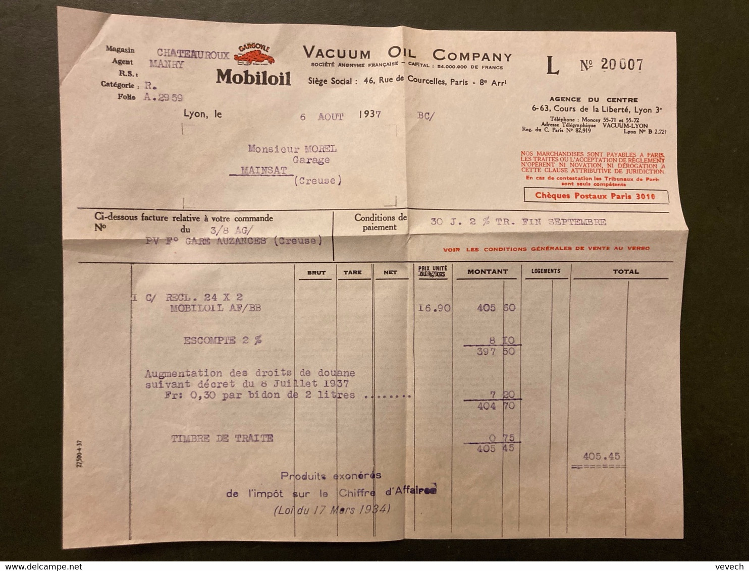 LETTRE TP PAIX 50c Perforé V.O.O OBL.MEC. VARIETE 17 VIII 37 LYON PREFure RHONE + VACUUM OIL COMPANY + FACTURE - Lettres & Documents