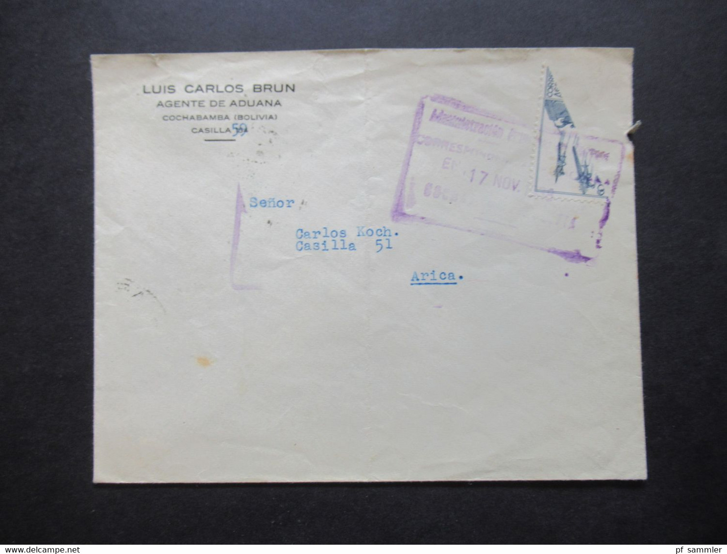 Bolivien 1938 Luftpost / Postal Aereo Halbierung Der Marke!! Luis Carlos Brun Agente De Aduana Cochabamba Nach Arica - Bolivië