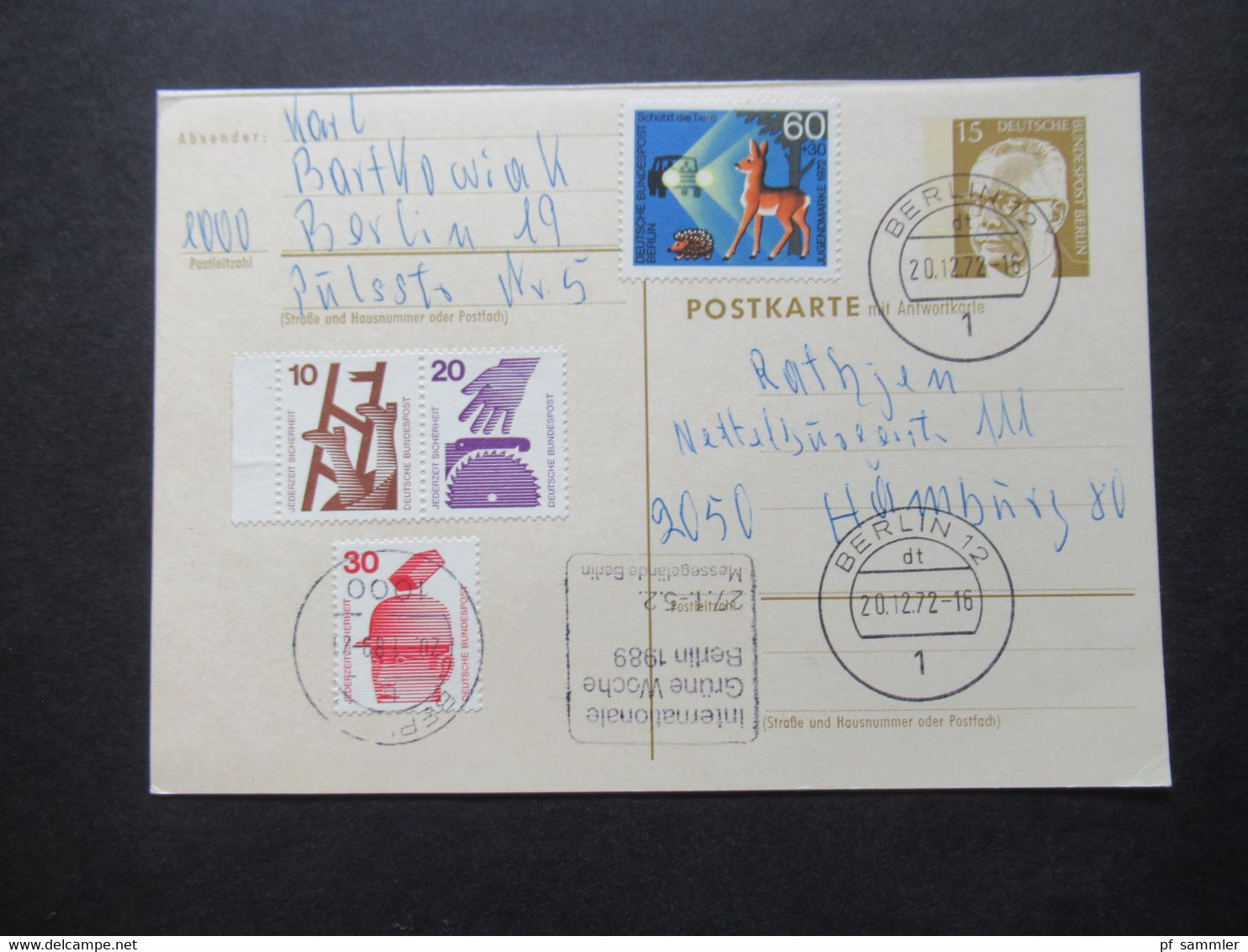 Berlin 1972 Heinemann Ganzsache Mit Antwortkarte / Frageteil Berlin - Hamburg Mit Weiteren Zusatzfrankaturen - Postales - Usados