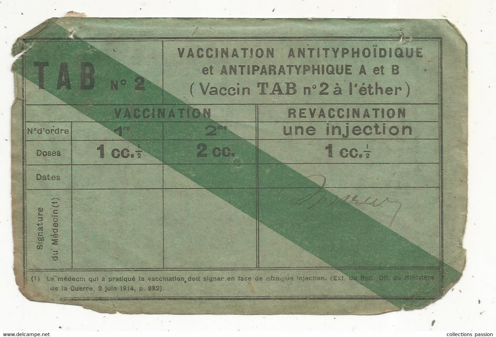 Vaccination Antityphoidique Et Antiparatyphique A Et B , Militaria, Vaccin TAB N° 2 à L'ether, 2 Scans, Frais Fr 1.75 E - Ohne Zuordnung