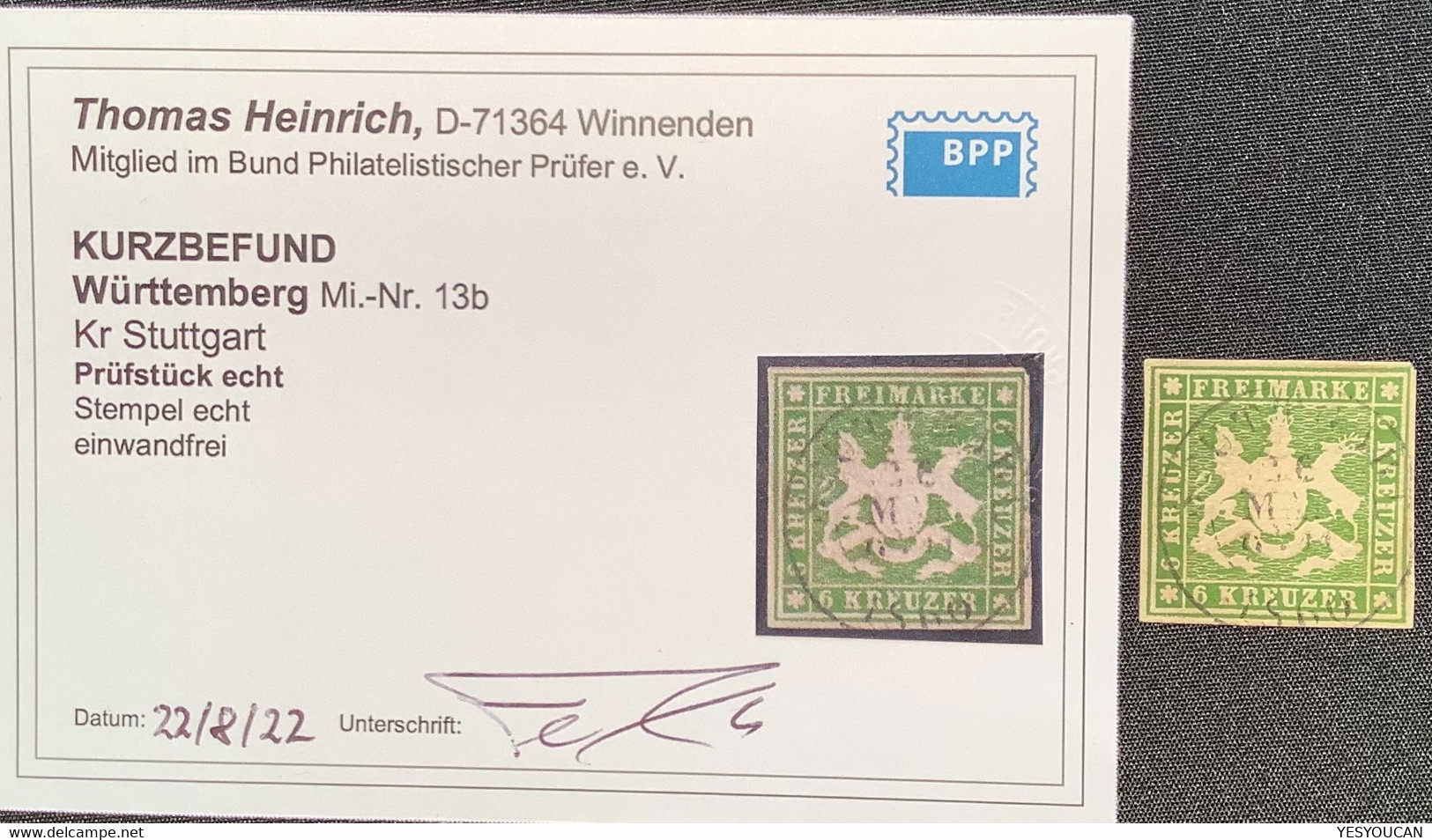 Württemberg Mi.13b, 1859 6 Kr DIE GUTE FARBE DUNKELGRÜN Ideal Gestempelt KB Thomas Heinrich BPP (Wurtemberg Cert XF Used - Usados