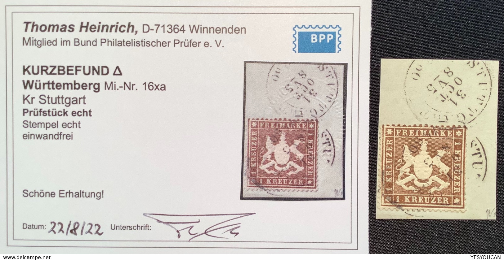 Württemberg Mi.16xa, 1860 1 Kr Braun Dickes Papier Gestempelt KB Thomas Heinrich BPP (Wurtemberg Cert XF Used - Oblitérés