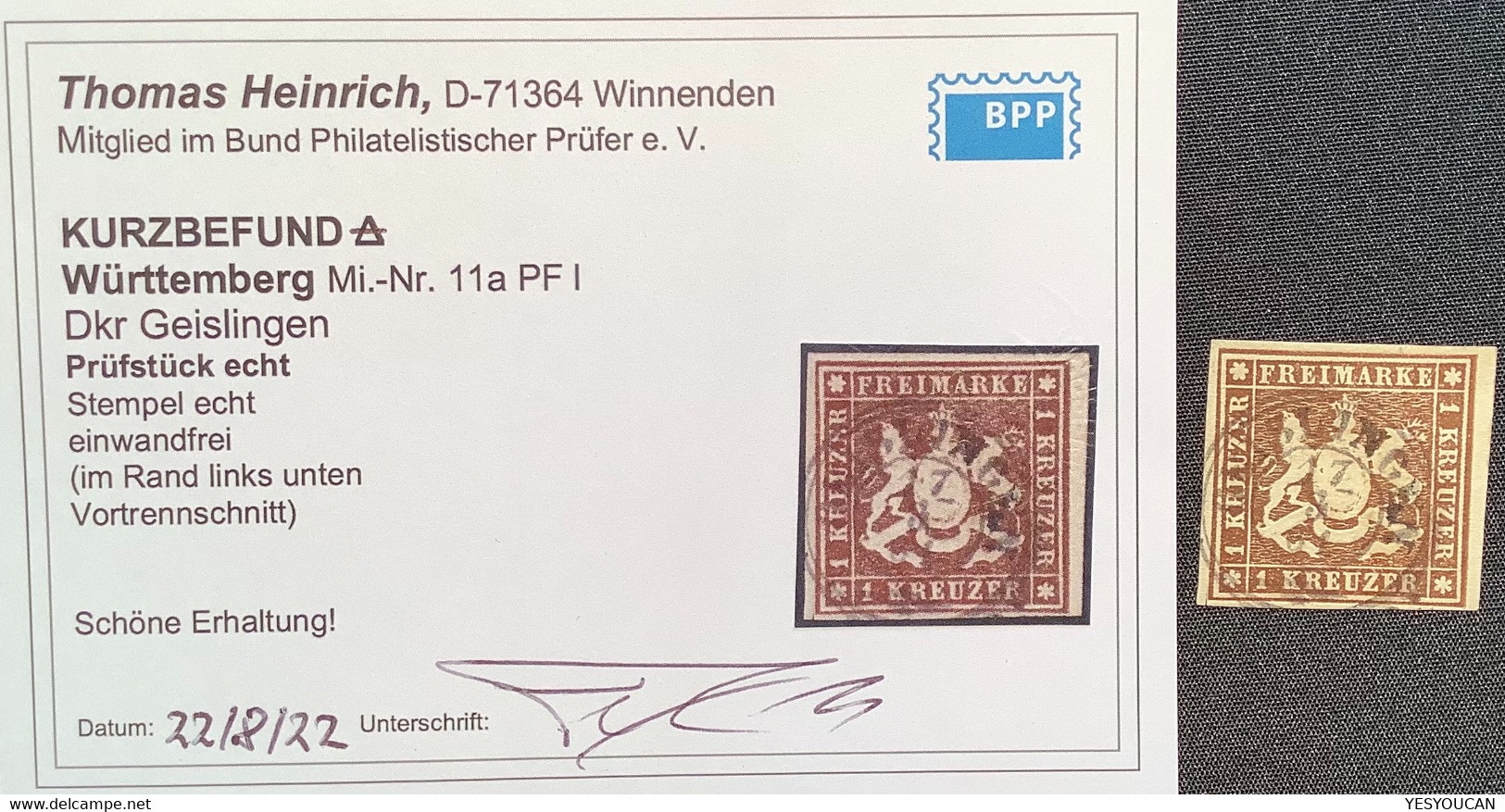 Württemberg Mi.11a PF I, SELTENER PLATTENFEHLER Der 1859 1 Kr. Braun GEISLINGEN  KB Heinrich BPP (Wurtemberg Variety - Oblitérés
