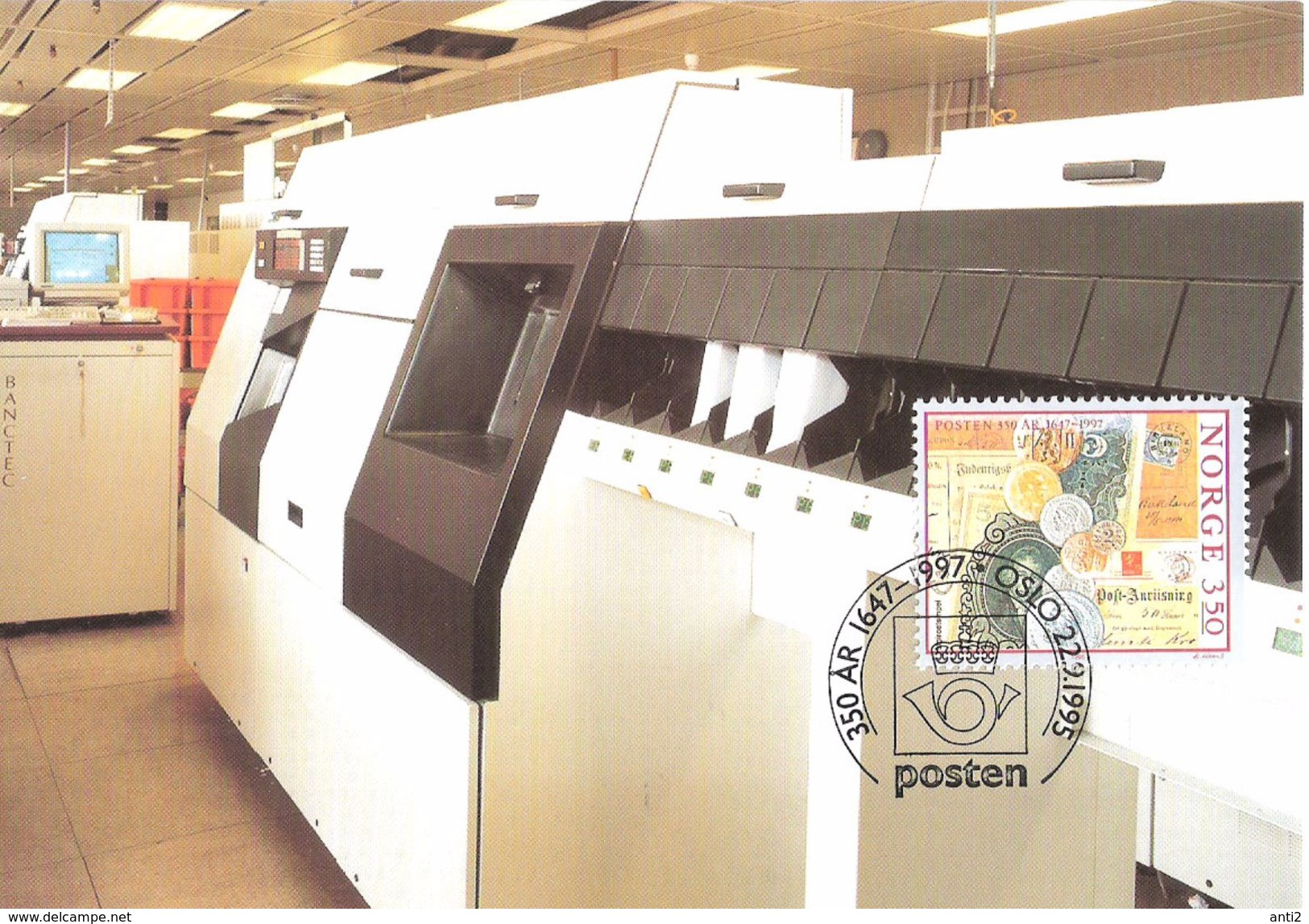 Norge Norway 1995 Norwegian Post 350 Years,  Money Transport, Optical Reader Machine, MK 7 With Mi  1192, Maximumcard - Tarjetas – Máximo