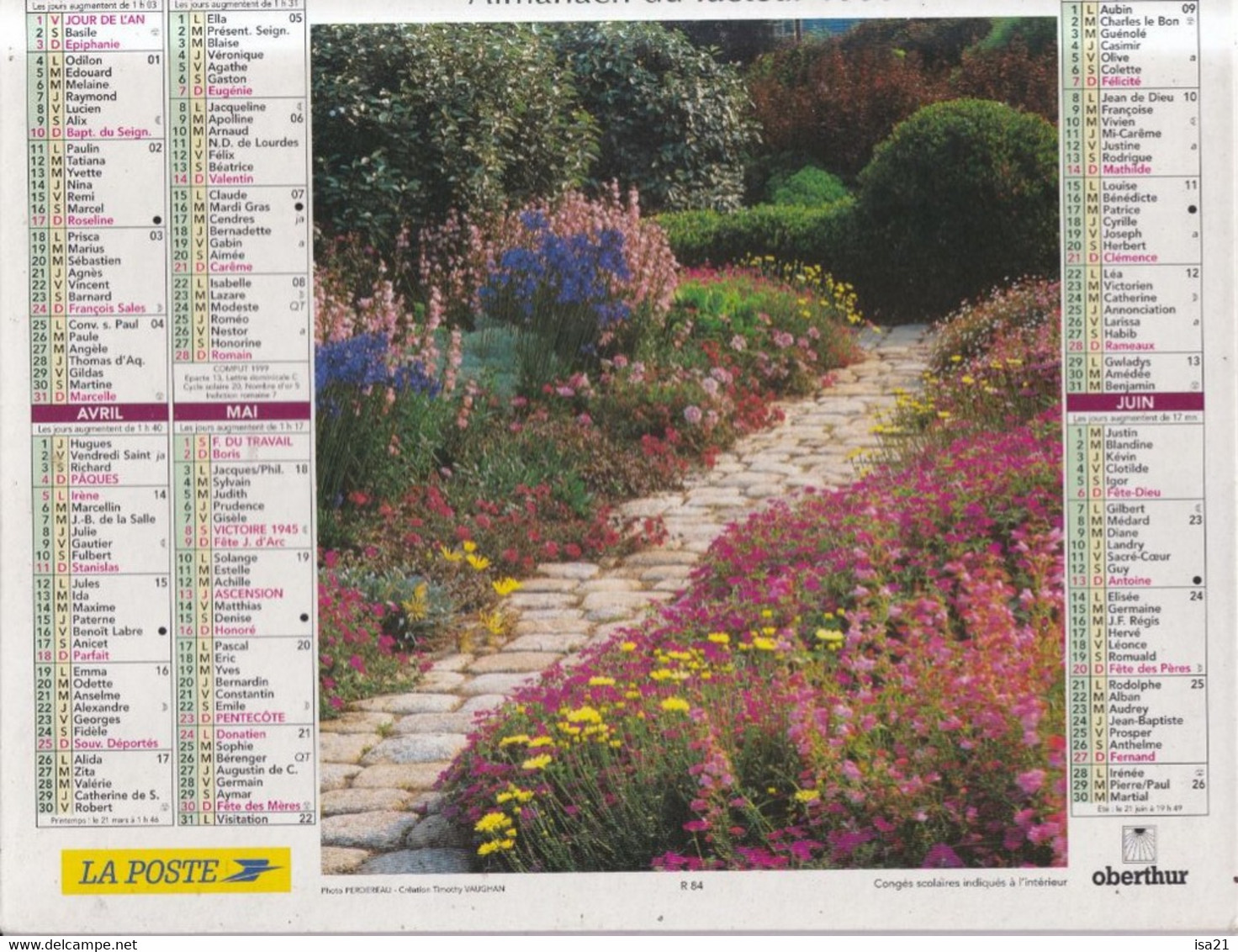 Almanach Du Facteur, Calendrier De La Poste,1999, COTE D'OR, Maisons, Jardins Fleuris, ... - Grand Format : 1991-00