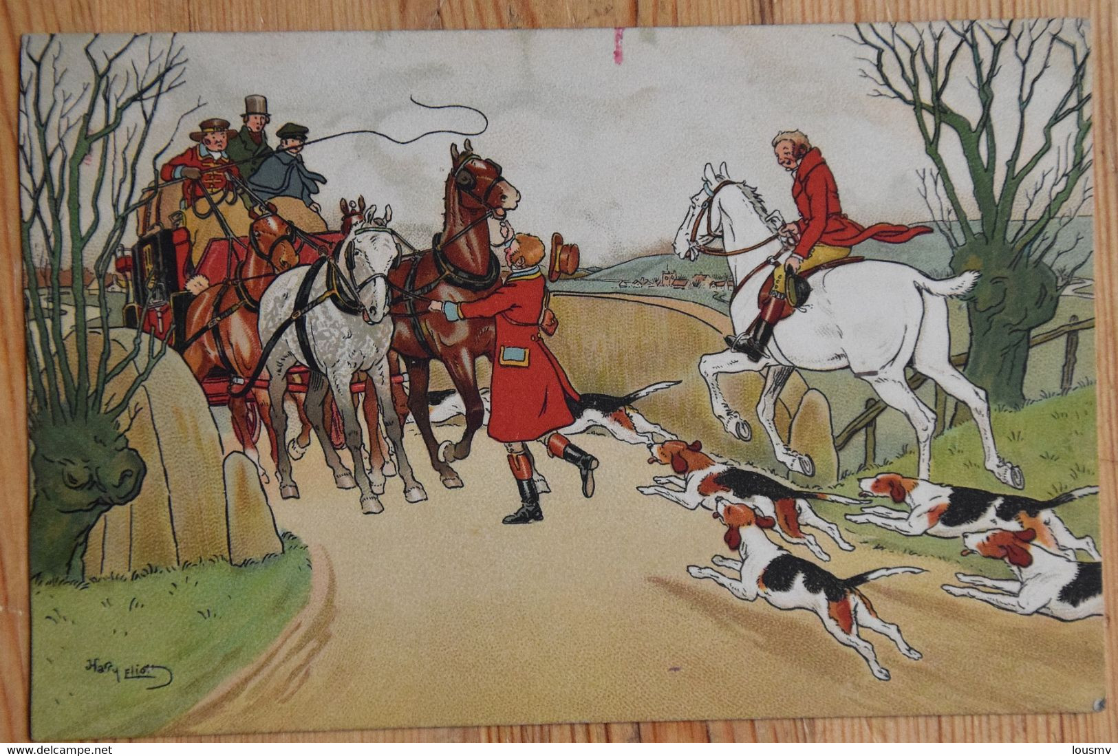 Scène De Chasse à Courre - Cavalier Et Chien Passant Devant Une Diligence - Illustrateur : Harry Eliott - (n°24209) - Caza