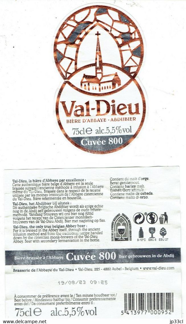 2 étiquettes Val Dieu Bière D'Abbaye - Abdijbier 75 Cl Alc. 5,5 % Vol (Cuvée 800) - Beer