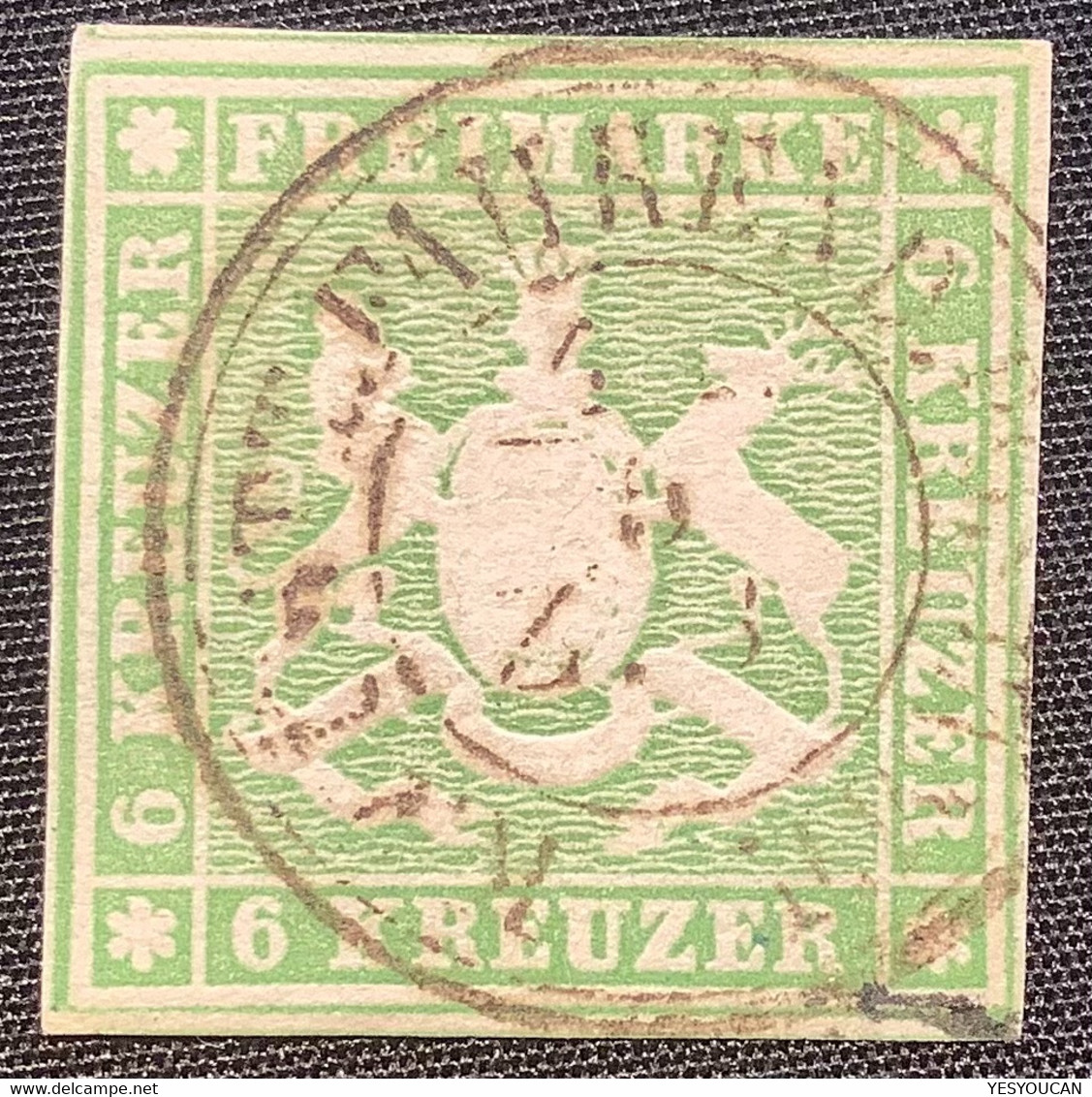 Mi.8a LUXUS Gepr Heinrich BPP Württemberg 1857 6 Kr. Grün BAHNPOST Gestempelt  (Wurtemberg XF Used - Used