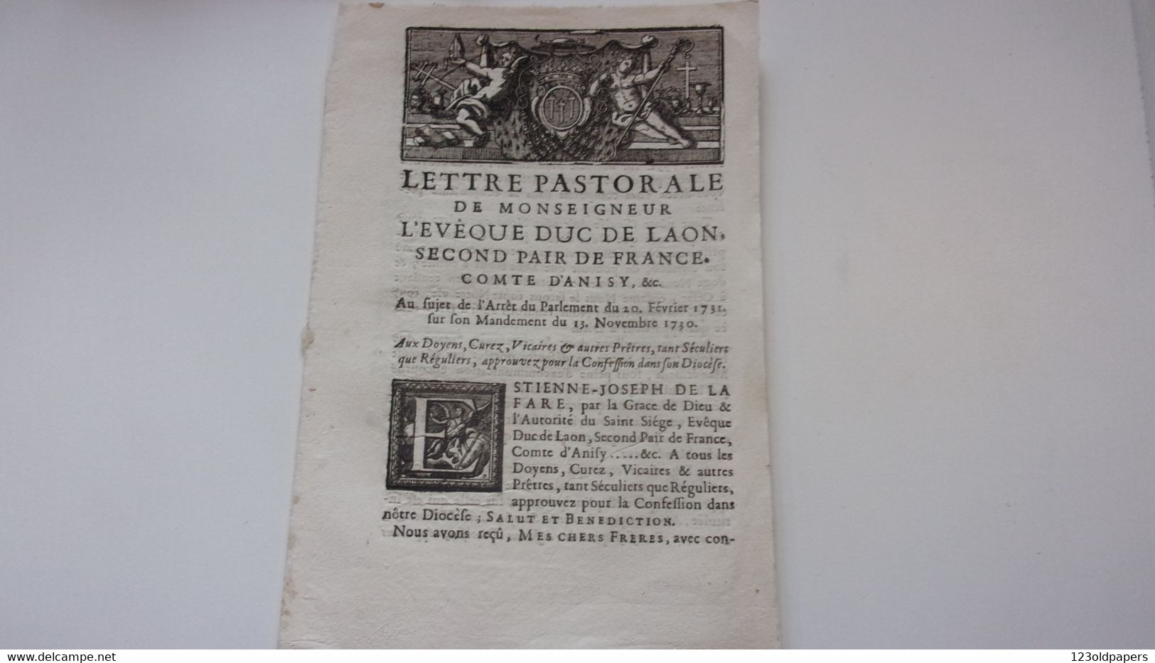 ♥️ AISNE LAON 1731 LETTRE PASTORALE Etienne-Joseph De LA FARE MONSEIGNEUR EVEQUE COMTE D ANISY SECOND PAIR DE FRANCE - Picardie - Nord-Pas-de-Calais