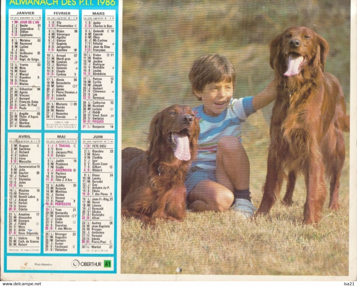 Almanach Du Facteur, Calendrier De La Poste, 1987: HAUTE-SAONE: Garçon Et Chien, Fille à La Natte Et Cheval. - Grand Format : 1981-90