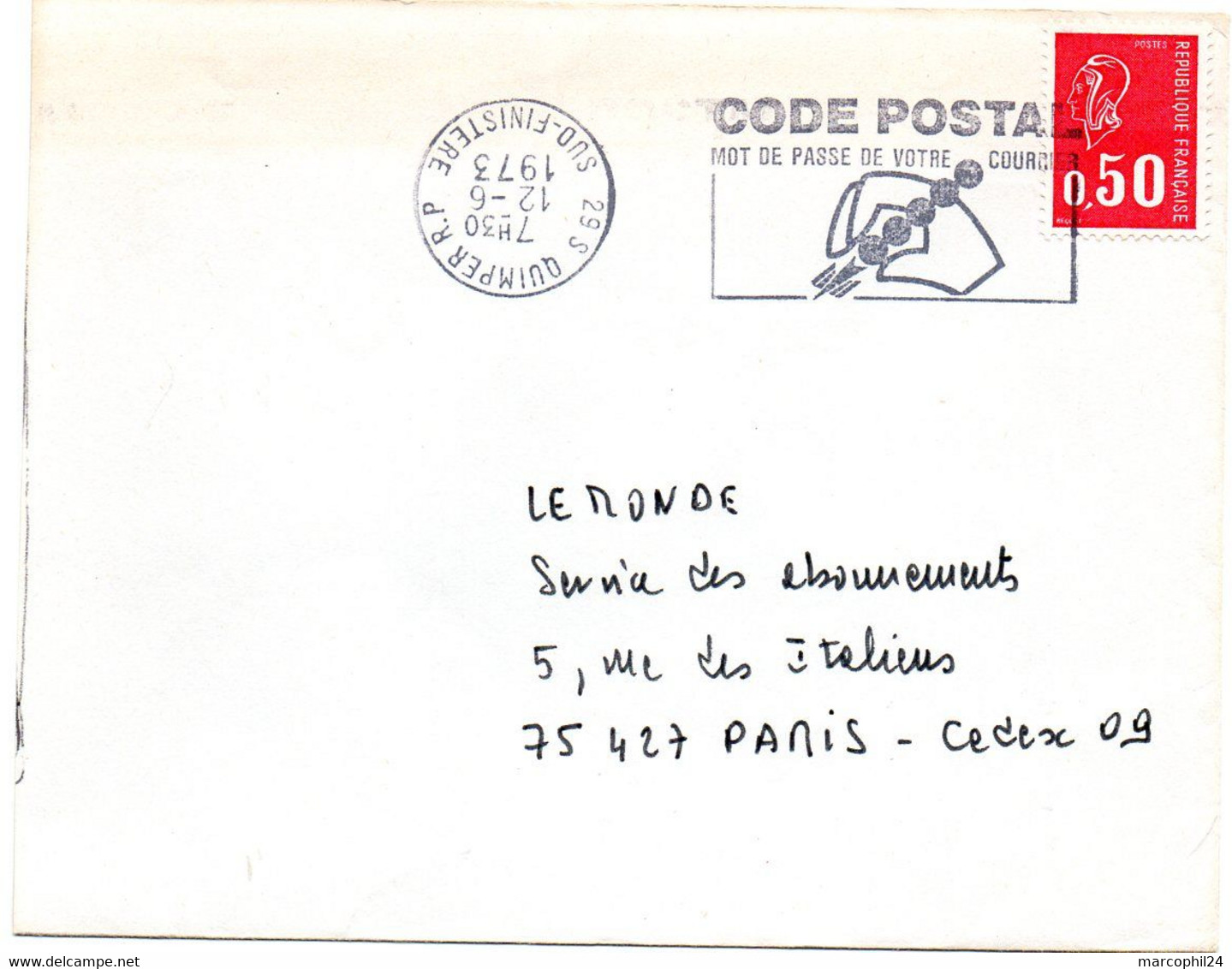 FINISTERE - Dépt N° 29 = QUIMPER RP 1973 (BD Inversé) = FLAMME à DROITE = SECAP Illustrée  'CODE POSTAL / MOT DE PASSE ' - Code Postal