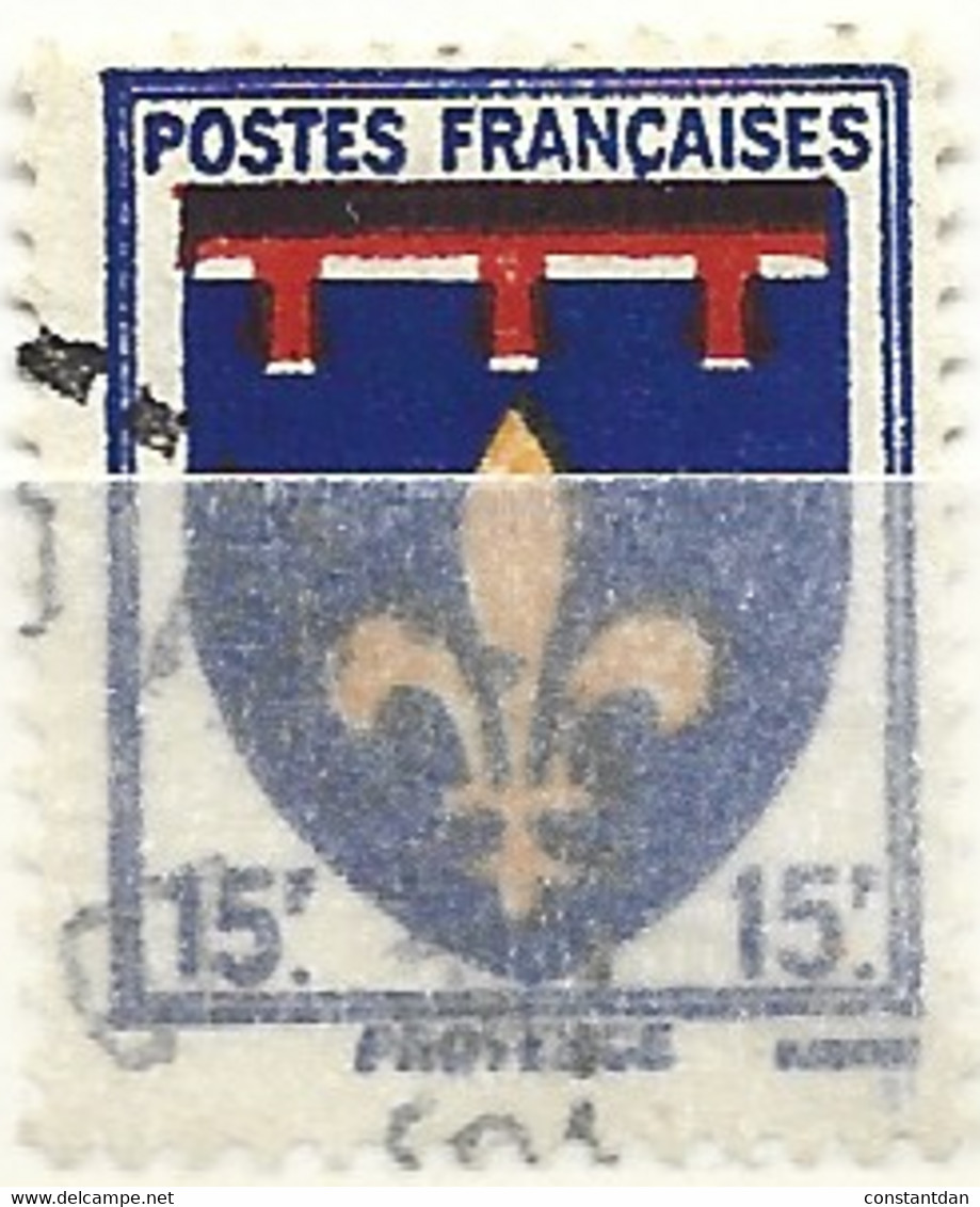 FRANCE N°574 15F BLEU ROUGE ET JAUNE BLASON DE PROVENCE BARRE NOIR SOUS POSTES TRES EPAISSE OBL - Used Stamps