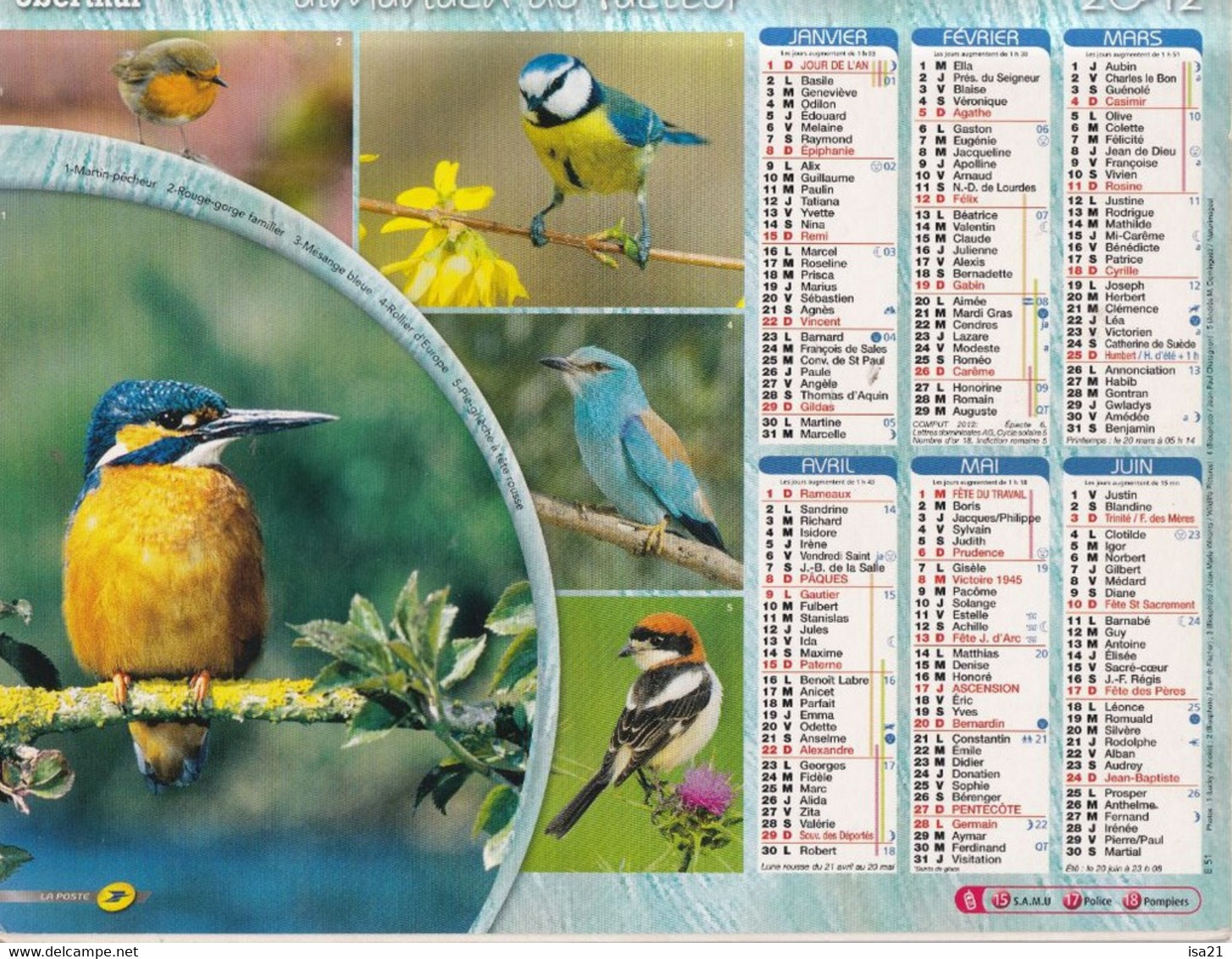 Almanach Du Facteur, Calendrier De La Poste, 2012: COTE D'OR: Oiseaux: Martin-pêcheur, Rouge-Gorge, Mésange, Rollier... - Grand Format : 2001-...