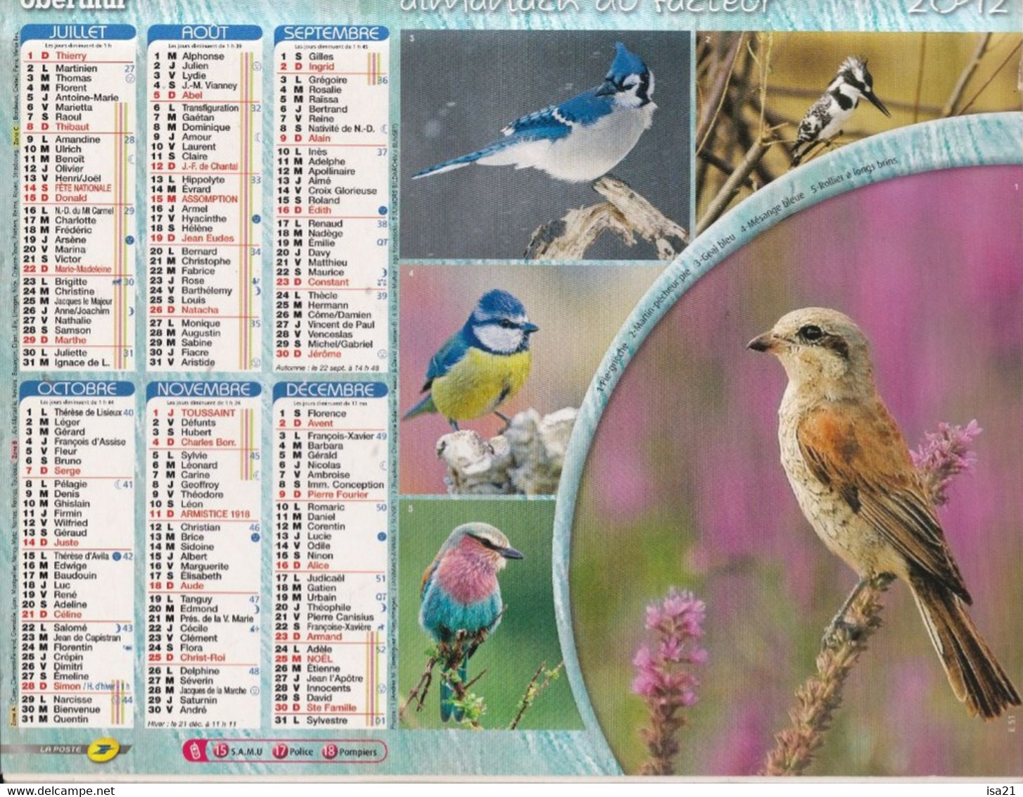 Almanach Du Facteur, Calendrier De La Poste, 2012: COTE D'OR: Oiseaux: Martin-pêcheur, Rouge-Gorge, Mésange, Rollier... - Grand Format : 2001-...