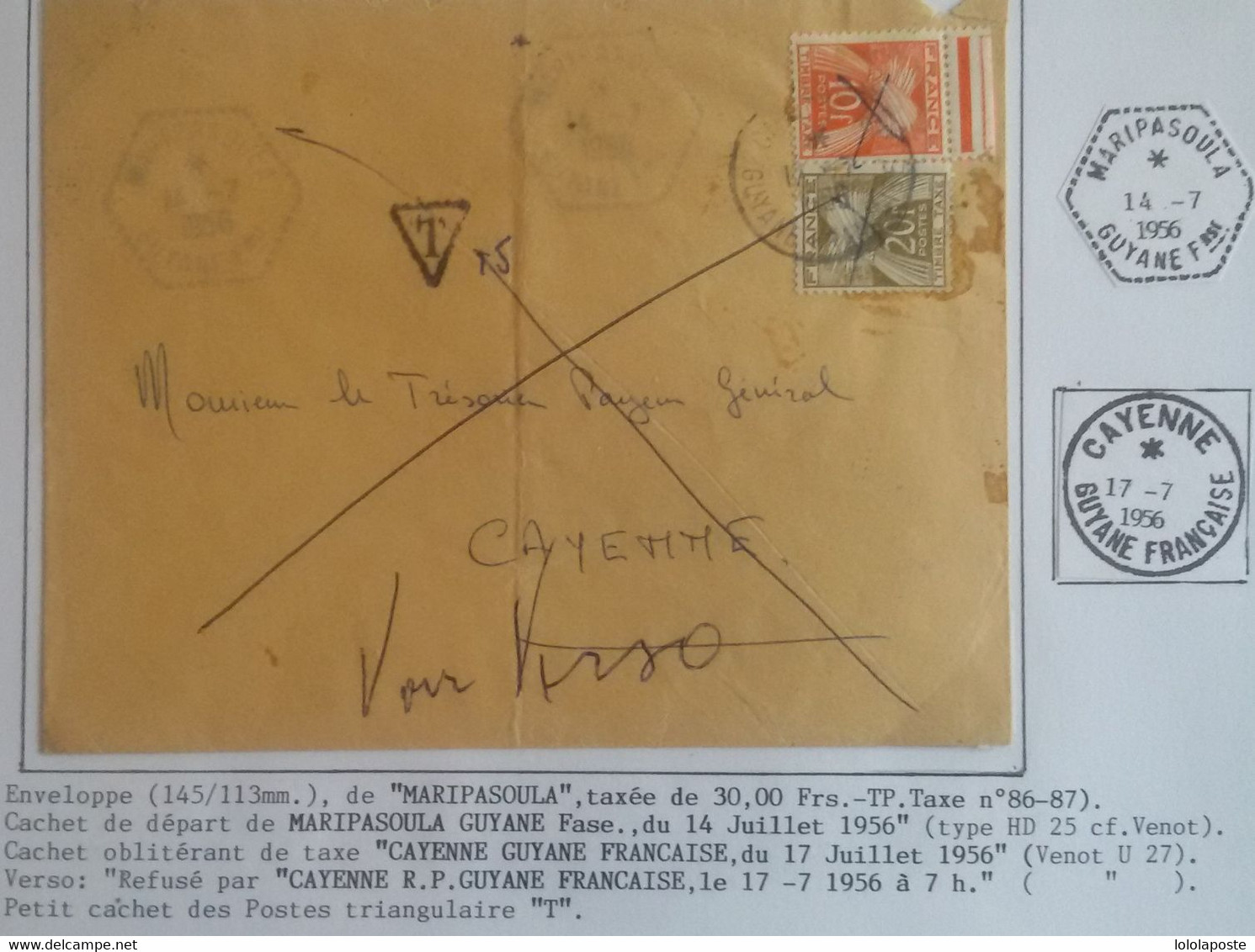 GUYANE - Enveloppe De Maripasoula Du 14/07/1956 Taxée à 30F à Cayenne Et Refusée Le 17/07/56 - Covers & Documents