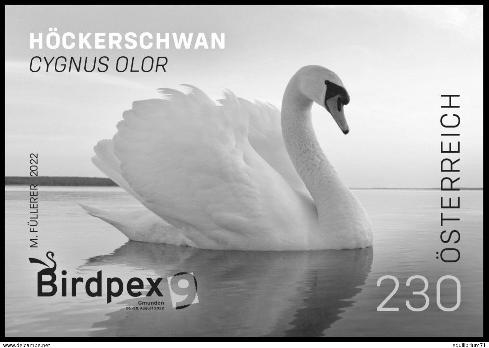Autriche** - Timbre Spécial "Birdpex 2022" - Cygne Tuberculé / Knobbelzwaan / Stummer Schwan - Impression Noir/blanc - Cygnes