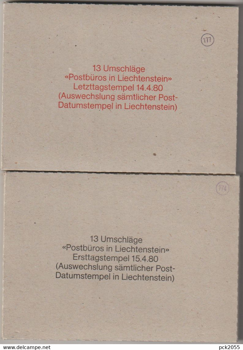 13 Umschläge Postbüros In Lichtenstein Ersttagsstempel 15.4.80 + 13 Umschläge Letzttagstempel 14.4.80 Freimarken Bauten - Maschinenstempel (EMA)