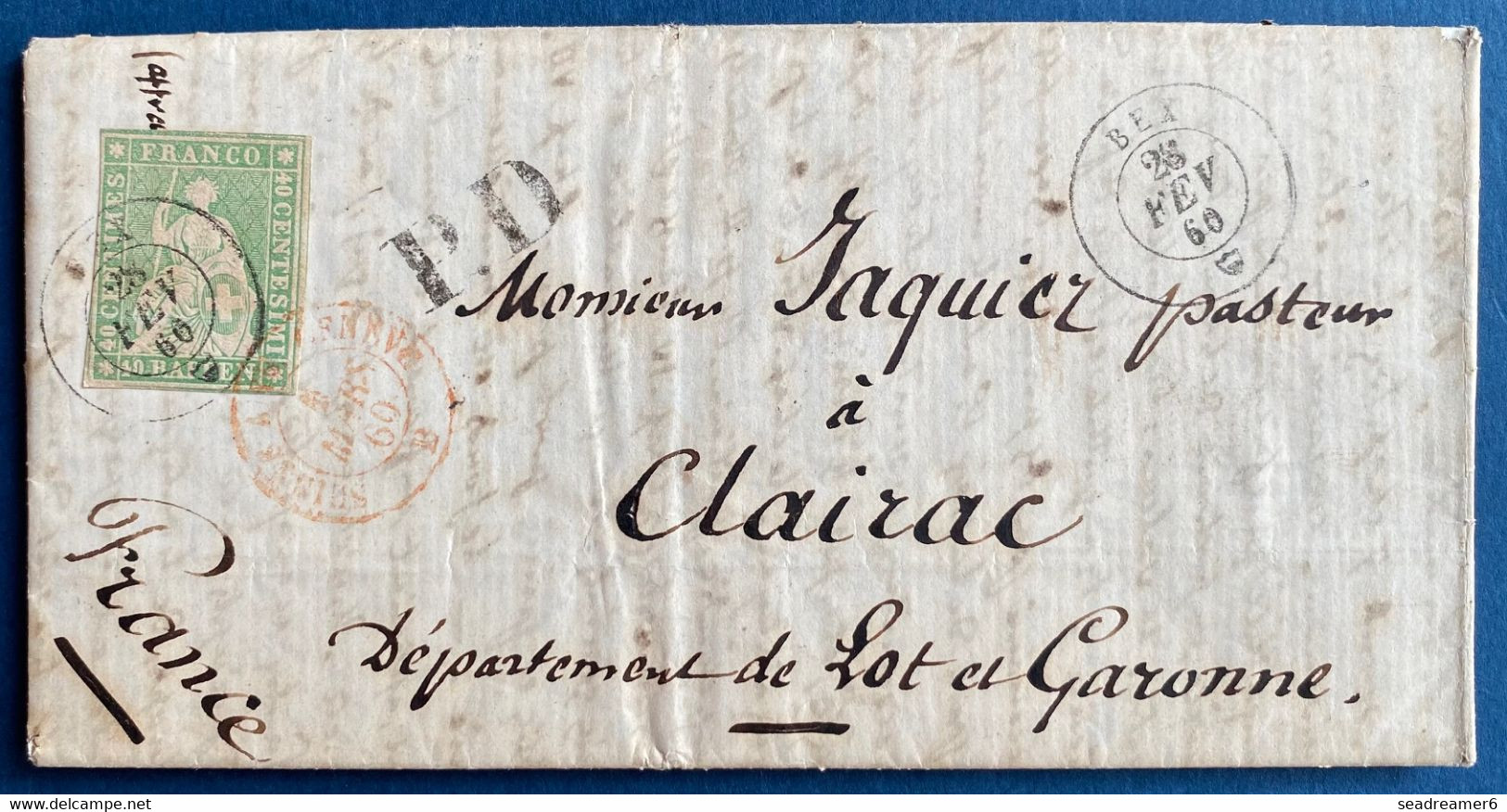 Suisse Lettre N°30a 40c Vert Jaune Papier Moyen (fil Rouge Brun) Obl Dateur De BEX  + Dateur " Suisse Amb Geneve " TTB - Brieven En Documenten