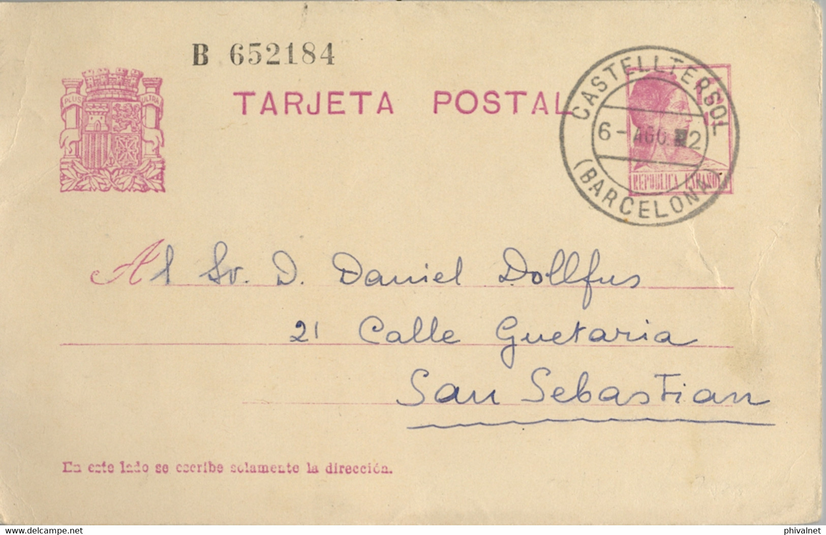 1932 BARCELONA , E.P. 69 - MATRONA 15 CTS. , CIRCULADO  ENTRE CASTELLTERSOL Y SAN SEBASTIAN - 1931-....
