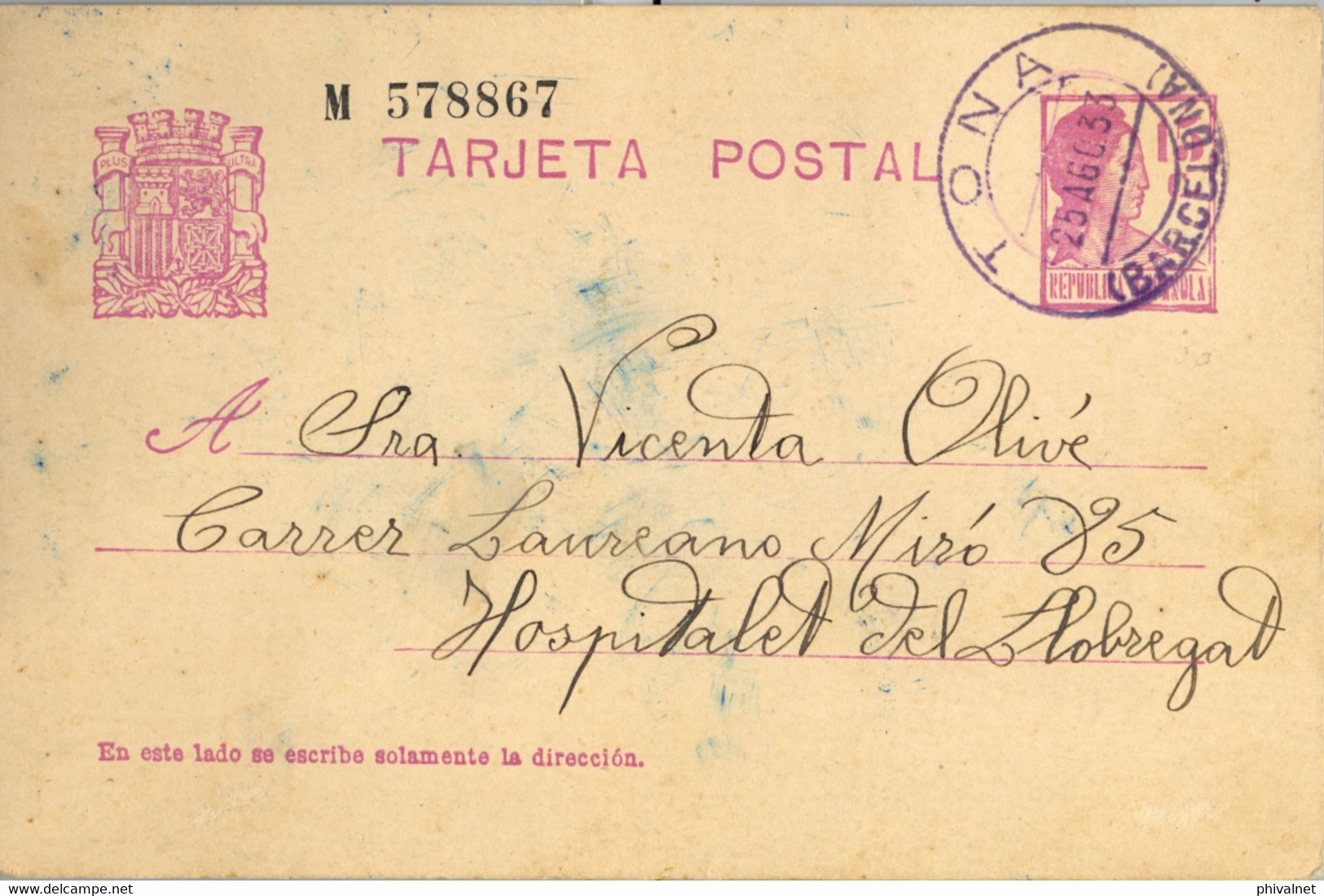 1933 BARCELONA , E.P. 69 - MATRONA 15 CTS. , CIRCULADO  ENTRE TONA Y HOSPITALET , FECHADOR AZUL - 1931-....