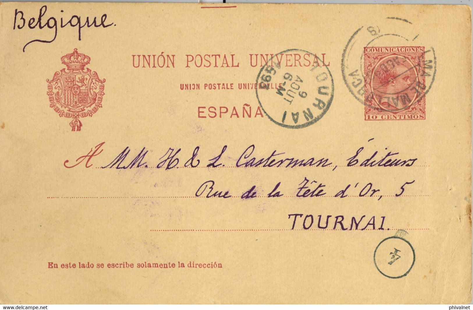 1893 BALEARES , E.P. 31 - PELÓN , CIRCULADO ENTRE PALMA DE MALLORCA Y TOURNAI , LLEGADA EN EL FRENTE - 1850-1931