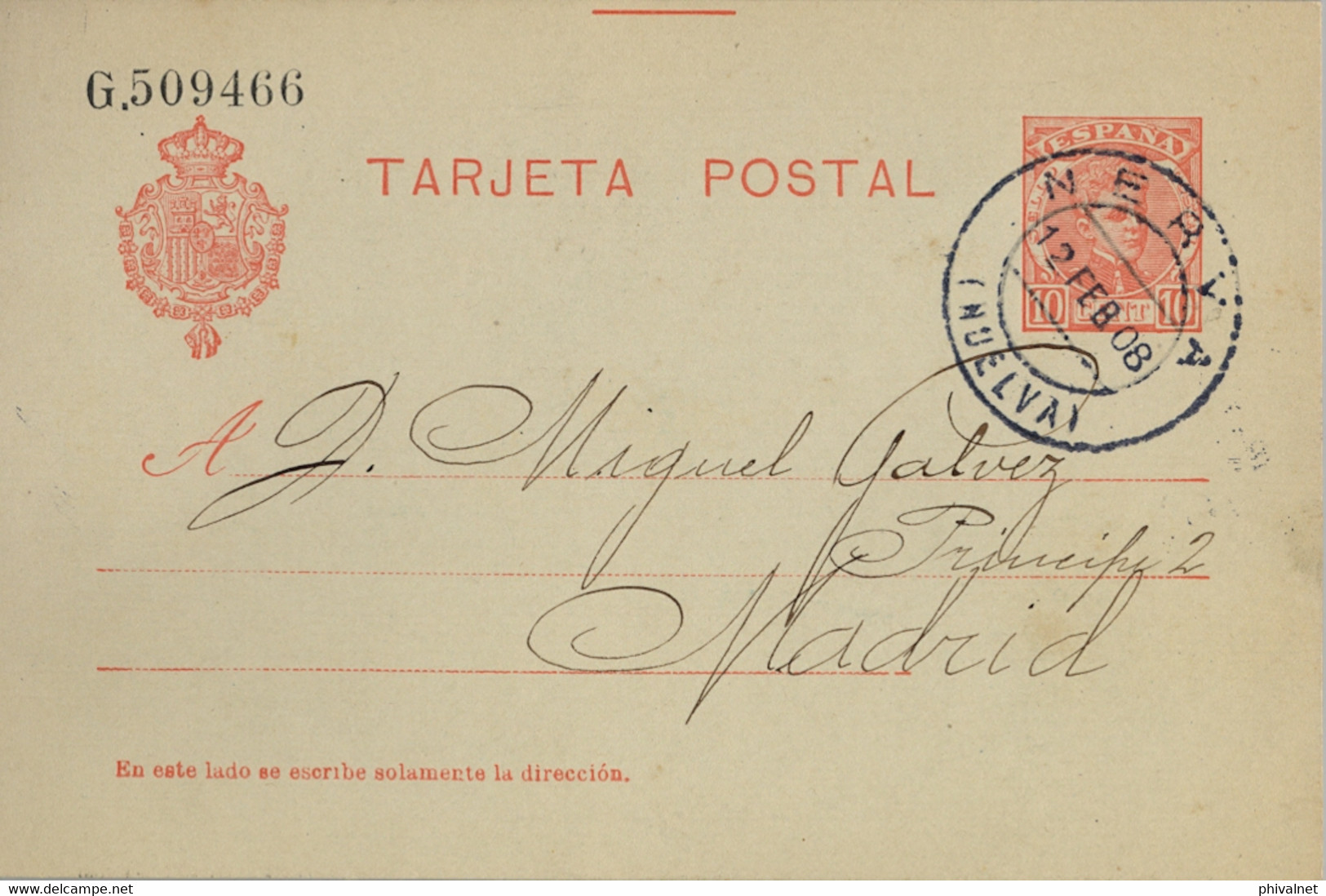 1908 HUELVA , E.P. 45 - CADETE , CIRCULADO ENTRE NERVA Y MADRID , FECHADOR AZUL - 1850-1931