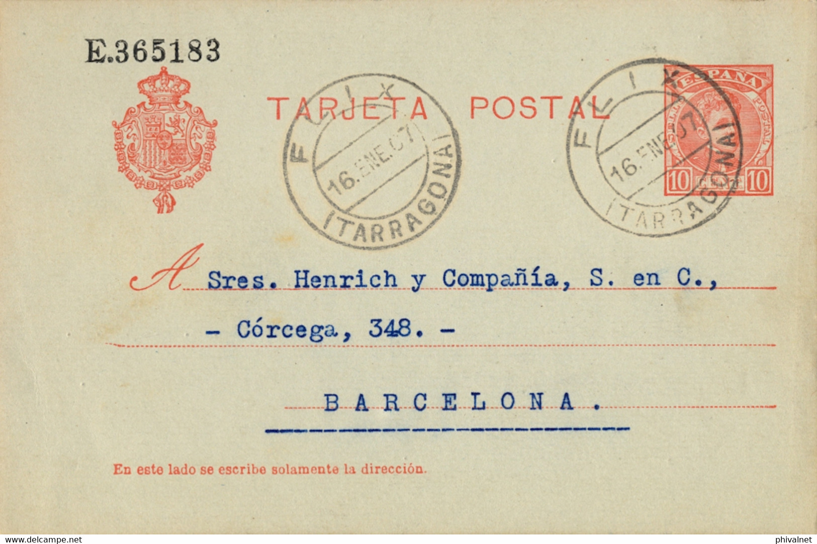 1907 TARRAGONA , E.P. 45 - CADETE , CIRCULADO ENTRE FLIX Y BARCELONA - 1850-1931