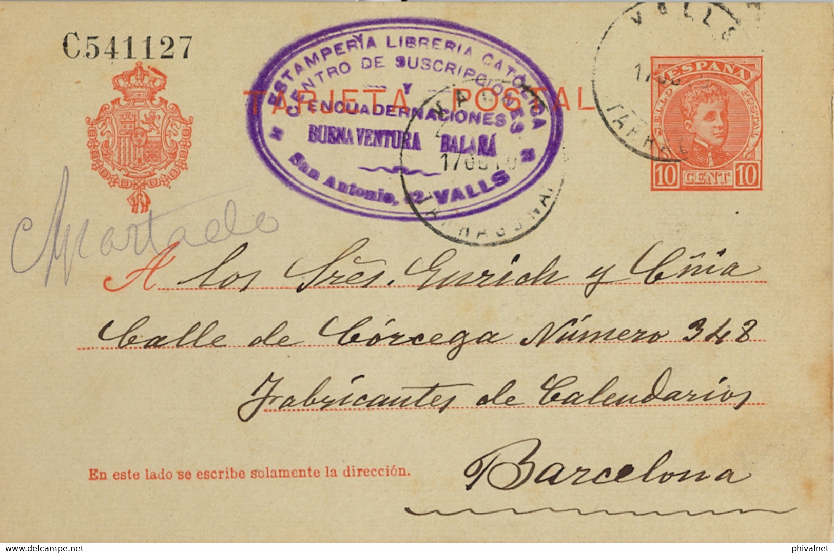 1905 TARRAGONA , E.P. 45 - CADETE , CIRCULADO ENTRE VALLS Y BARCELONA - 1850-1931